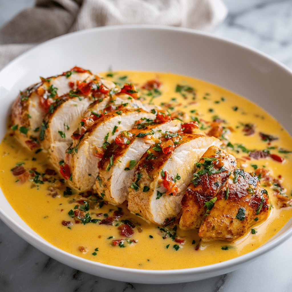 A white plate is filled with creamy, light orange coconut sauce with small red and green bits throughout, creating a rich texture. On top, there are six thick slices of cooked chicken breast arranged in a curved row from left to right, showing juicy white inside and golden brown outside. Fresh chopped green herbs are sprinkled evenly over the sauce and chicken, adding bright green color and freshness to the dish. The plate is set on a white marbled surface. photo taken with an iphone --ar 4:5 --v 7