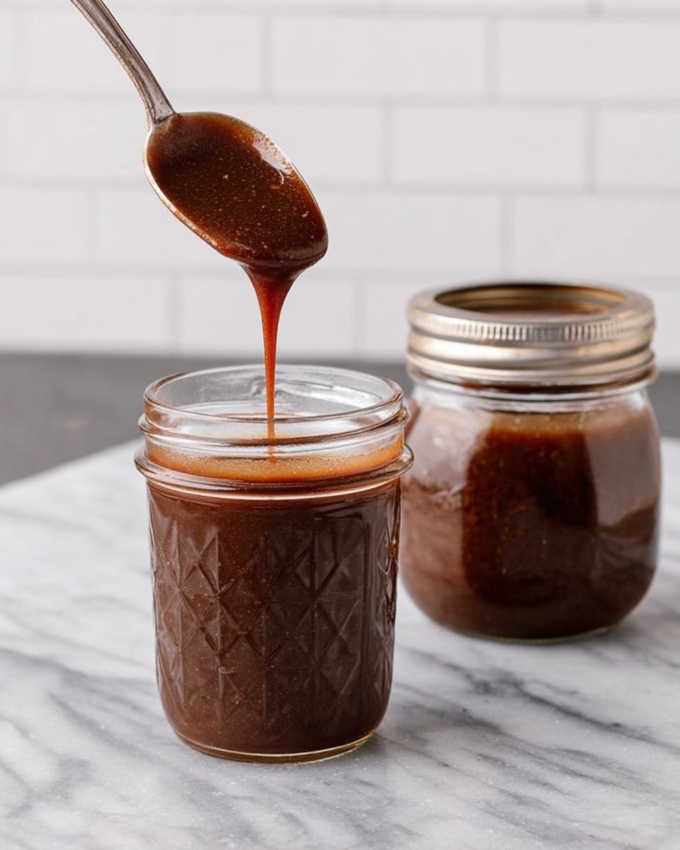 The image shows two clear glass jars filled with thick dark brown sauce. One jar is open with the lid sitting beside it, and a metal spoon is lifting the sauce out from it, showing the sauce dripping back into the jar. The background and surface are both a white marbled texture, with a white tiled wall behind. The lighting is soft and natural, highlighting the glossy texture of the sauce. photo taken with an iphone --ar 4:5 --v 7