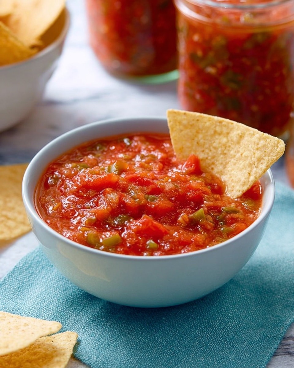 A white bowl filled with bright red salsa, showing chunks of tomatoes and small pieces of green peppers spread evenly throughout the sauce, a single crispy tortilla chip dipped into it, resting against the bowl's edge. The bowl sits on a dark blue cloth placed over a white marbled surface, with a white bowl filled with more tortilla chips visible at the upper right corner. Photo taken with an iphone --ar 4:5 --v 7
