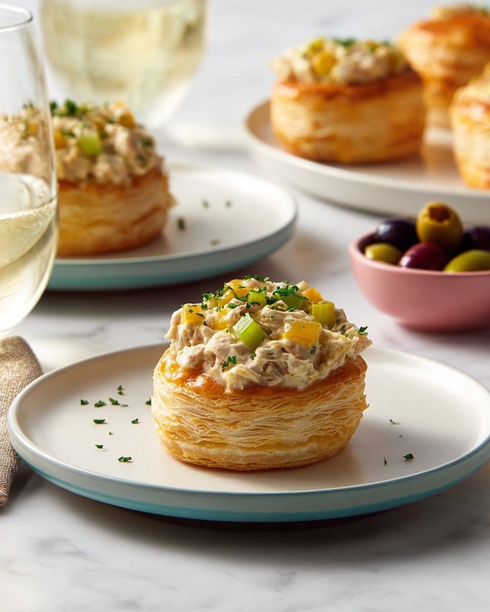 The image shows six small round puff pastry shells on a white rectangular plate placed on a white marbled surface. Three of the shells are empty, showing their golden-brown crispy layers with a hollow center. The other three shells are filled with a creamy mixture of light beige color, containing visible pieces of yellow cheese and other ingredients, giving it a chunky texture. A woman's hand holding a spoon is scooping some filling from a white bowl in the background and putting it into one of the empty pastry shells. The background is softly focused, emphasizing the pastries on the plate. photo taken with an iphone --ar 4:5 --v 7