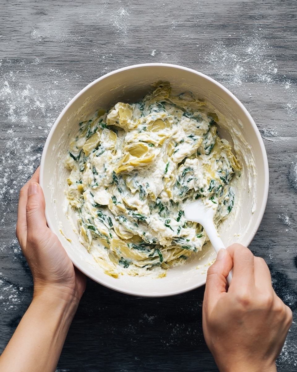 A white bowl held by a woman's hand contains a creamy mixture with three main layers: the first layer shows light yellow artichoke pieces with a smooth texture, mixed with a thick, white creamy layer full of green spinach bits evenly spread throughout. Another woman's hand stirs the mix with a white spatula, blending the yellow artichoke, white creamy cheese, and dispersed green spinach into a textured, chunky filling. The scene is set on a white marbled surface, with the bowl centered and the woman's hands visible from above. photo taken with an iphone --ar 4:5 --v 7
