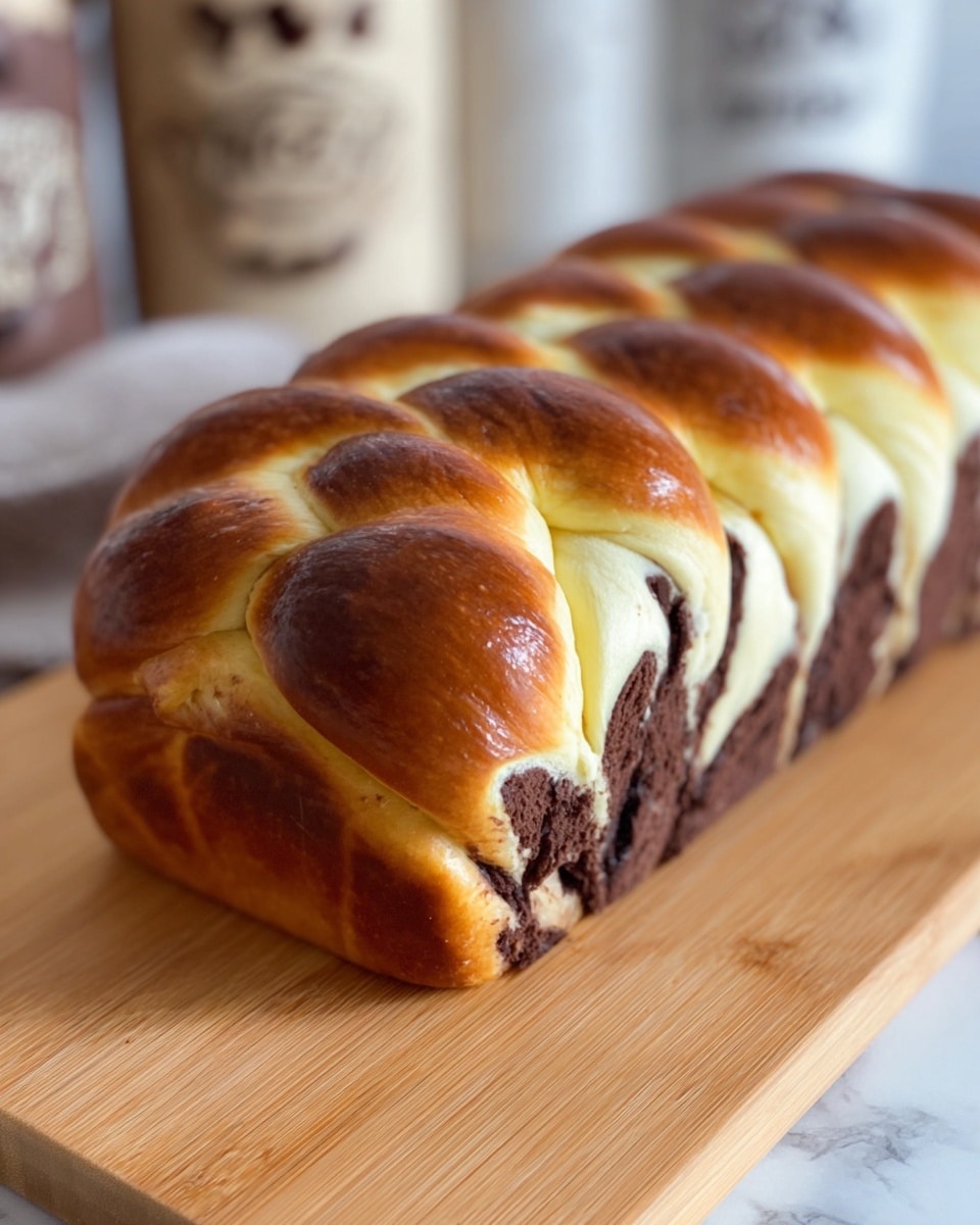 A braided bread loaf sits on a light wooden board, showing three visible layers twisted together: a golden brown top layer with a smooth and glossy texture, a middle creamy white dough layer, and a dark chocolate brown layer that appears dense and slightly textured. The bread has a shiny finish with a slight glisten from baking, highlighting the twist pattern that runs diagonally along the loaf. The background is softly blurred with hints of neutral shapes and a white marbled texture underneath the board. photo taken with an iphone --ar 4:5 --v 7