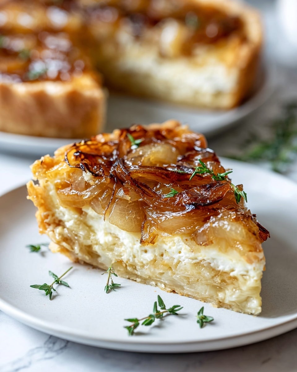 A close-up slice of a savory pie sits on a white plate on a white marbled surface, showing three distinct layers: the bottom crust is golden and firm, the middle layer is creamy white cheese, and the top layer is caramelized onions that are shiny, golden-brown, and slightly translucent. Small green herb leaves are scattered on top of the pie slice and on the plate around it. In the blurred background, the rest of the pie is visible on a white plate. photo taken with an iphone --ar 4:5 --v 7