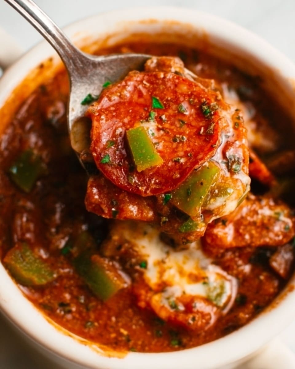 A close-up view of a white bowl filled with a layered dish starting with a red tomato sauce base mixed with small chunks of white cottage cheese and pieces of green bell pepper. On top, there are multiple slices of bright red pepperoni sprinkled with black pepper flakes and dried herbs, some melting slightly with melted cheese beneath. A spoon lifts a portion showing the mix of creamy, chunky, and saucy textures with a shiny, oily surface, all set against a white marbled background. Photo taken with an iphone --ar 4:5 --v 7