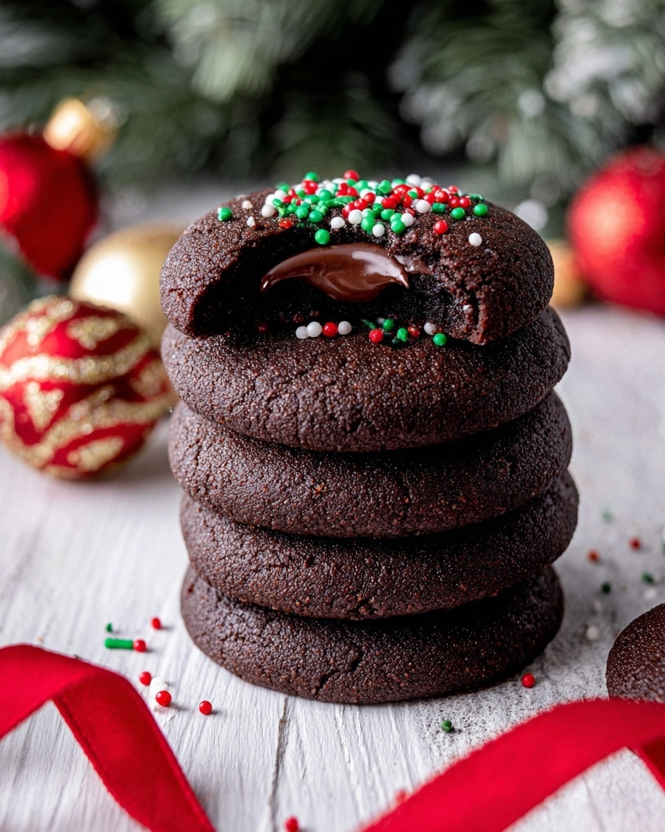 A white round wooden board holds about twenty dark chocolate cookies with a smooth, glossy chocolate center topped with small red, green, and white round sprinkles; near the top center is a small scalloped bowl filled with the same colorful sprinkles. To the left, a white plate holds five similar cookies, also dark with shiny chocolate centers and decorated with colorful sprinkles. The background has a warm wooden texture with a small festive Christmas tree and two red shiny ornaments near the bottom right and top right corners. A red ribbon curves along the bottom left edge. photo taken with an iphone --ar 4:5 --v 7