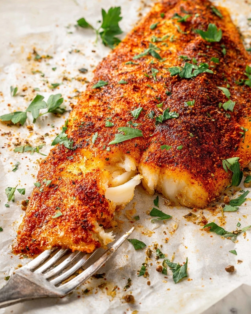 A cooked fish fillet with a crispy, reddish-brown seasoned crust sits on white parchment paper on a white marbled surface. The fillet is sprinkled with green fresh herbs, likely parsley. One corner of the fish is lifted slightly by a silver fork, showing the tender, flaky, light yellow inside of the fish. Around the fillet, there are small herb leaves and spices scattered on the parchment paper. The scene is bright and close-up, highlighting the texture of the crispy crust and fresh herbs. Photo taken with an iphone --ar 4:5 --v 7