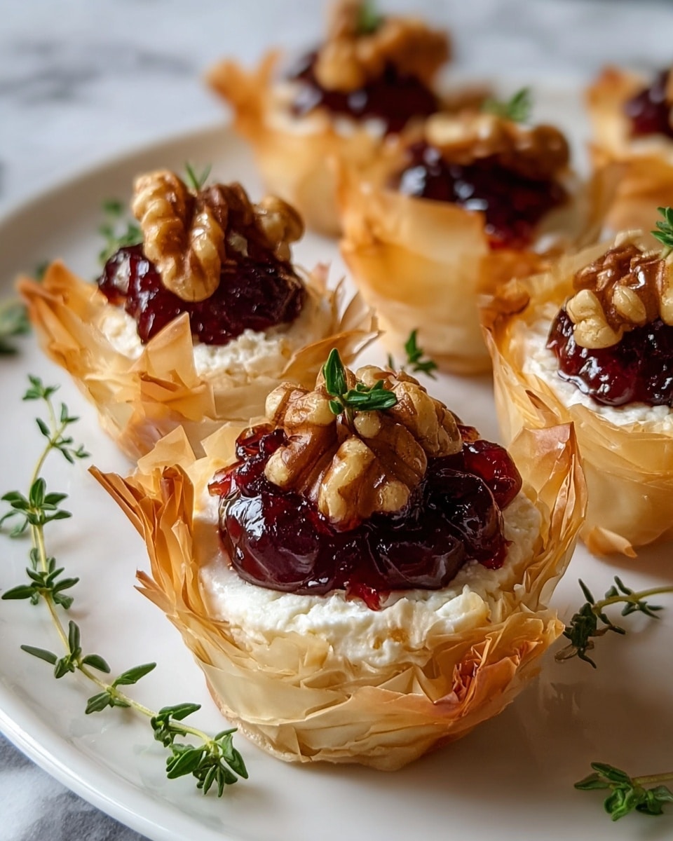 The image shows several small, golden-brown phyllo pastry cups with crispy, layered, and flaky edges that curl upward. Each cup is filled with a smooth white cheese layer, topped with a cluster of toasted pecans and a dollop of dark red, glossy fruit jam. Fresh green thyme sprigs are placed on top of each cup and scattered around on the white plate, which sits on a white marbled surface. The lighting highlights the textures of the crunchy pastry, creamy cheese, shiny jam, and glossy nuts, creating a visually rich and delicious look. photo taken with an iphone --ar 4:5 --v 7