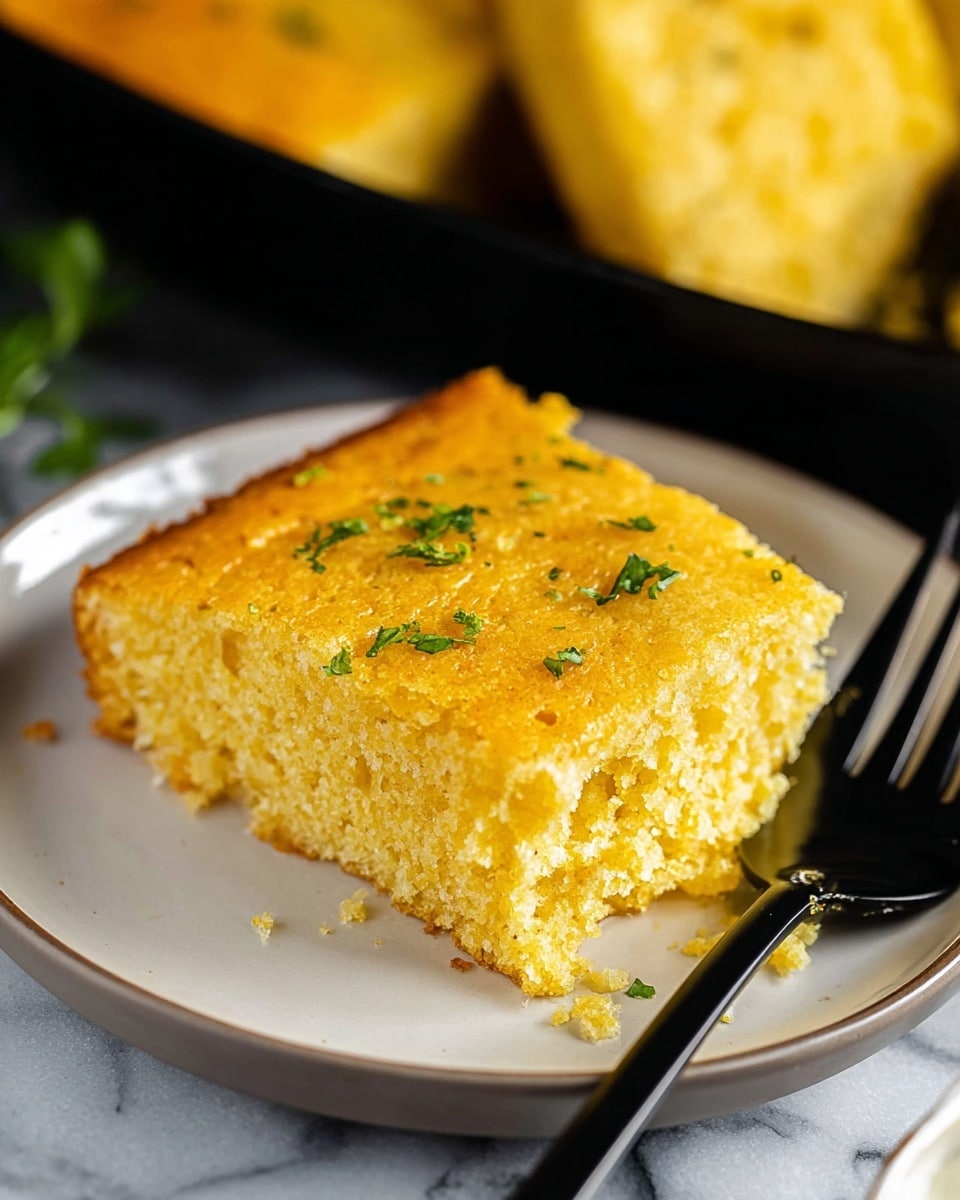 A close-up of a square piece of golden yellow cornbread with a slightly crispy brown edge, topped with small green parsley flakes, sitting on a white plate next to a black fork. The cornbread has a soft, crumbly texture with visible small holes and a light crust on top. In the blurry background, more cornbread is visible, hinting it was cut from a larger pan. The scene is set on a white marbled surface. Photo taken with an iphone --ar 4:5 --v 7