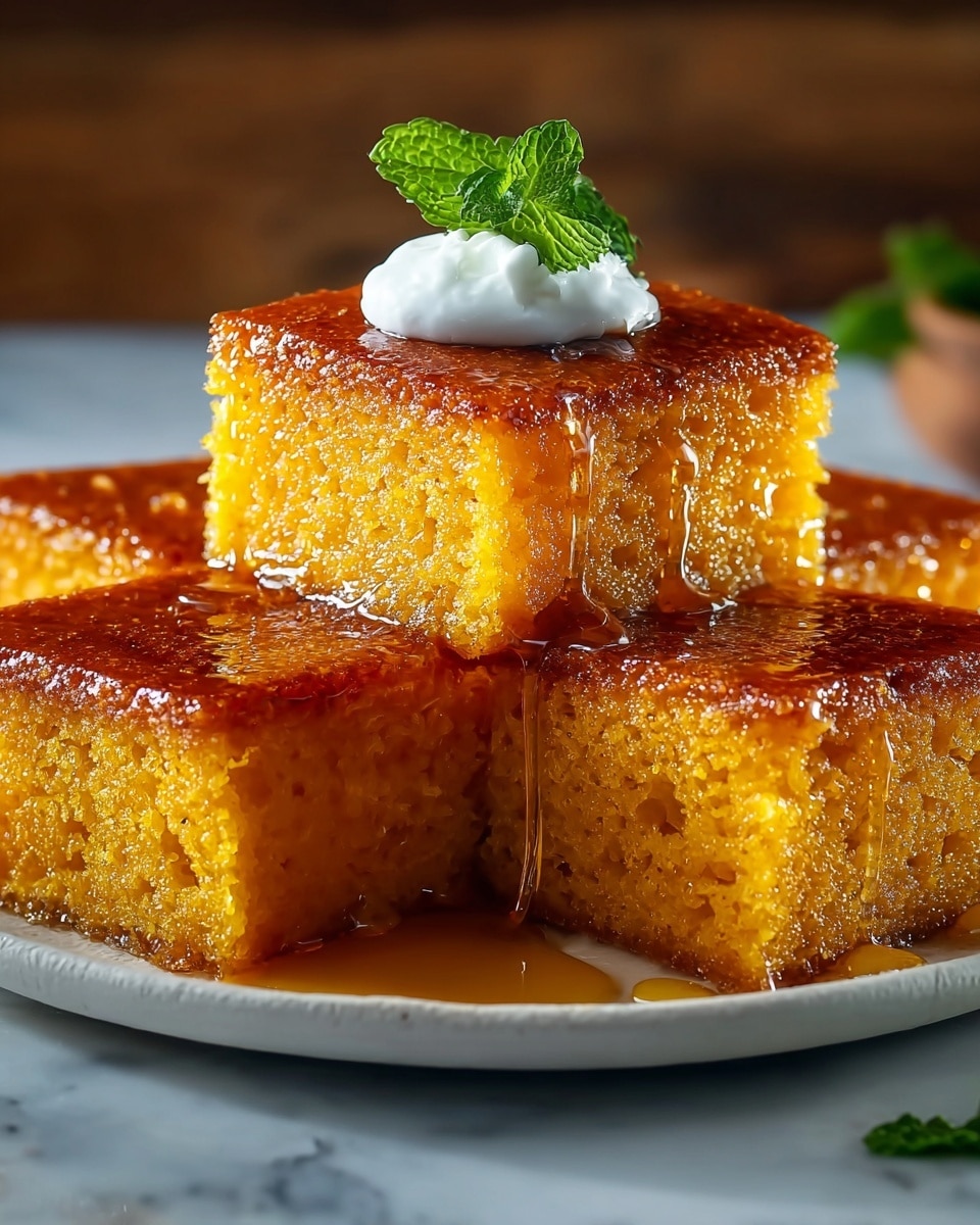 The image shows three square pieces of orange-yellow cake stacked on a white plate. The cake has a moist texture with a rich golden-brown glossy top layer that appears sticky and shiny with syrup dripping down the sides. On top of the highest piece, there is a small dollop of white cream with a green mint leaf as garnish. The background is softly blurred with a white marbled texture surface beneath the plate, focusing attention on the cake. photo taken with an iphone --ar 4:5 --v 7