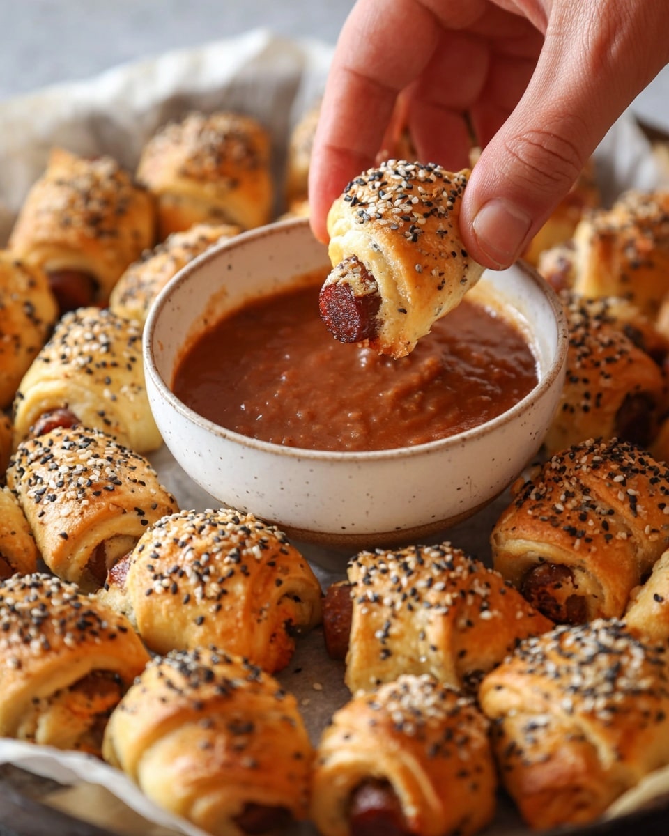A woman's hand is holding a small golden-brown crescent roll wrapped around a mini sausage, with an everything seasoning topping of black and white sesame seeds on top. The roll is being dipped into a medium-sized white bowl filled with thick reddish-brown sauce. Surrounding the bowl is a circle of many more small crescent rolls, all evenly baked to a golden color and sprinkled with the same seasoning. The food is laid on white parchment paper placed on a white marbled textured surface. Photo taken with an iphone --ar 4:5 --v 7