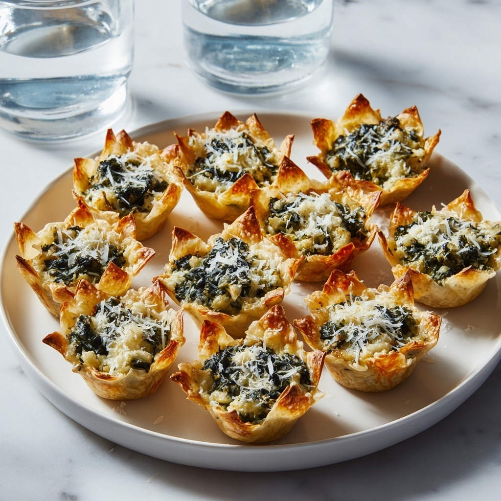 The image shows a white plate filled with 12 small spinach and cheese cups arranged in rows. Each cup has a crispy, golden-brown, thin pastry shell shaped like a flower with pointed edges, holding a filling of mixed green spinach and white cheese, giving a textured and slightly crumbly look on top. The plate rests on a light brown wooden table with two glasses of water and a small bowl of green sauce blurred in the background, all set against a white marbled surface. photo taken with an iphone --ar 4:5 --v 7