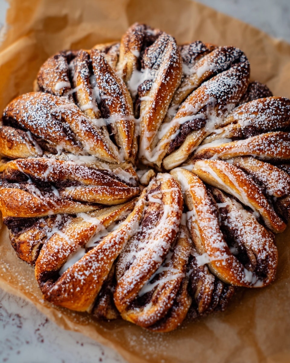 The image shows a round cinnamon pastry flower on a white marbled surface, with each layer having twisted sections of golden brown dough filled with dark cinnamon spice. There are about three layers of dough twists radiating from the center, dusted with powdered sugar giving a snowy effect. The top layer is drizzled unevenly with white glaze that glistens against the warm brown dough, making the texture look soft and flaky. The whole pastry is placed on brown baking paper, highlighting its shape and colors. photo taken with an iphone --ar 4:5 --v 7