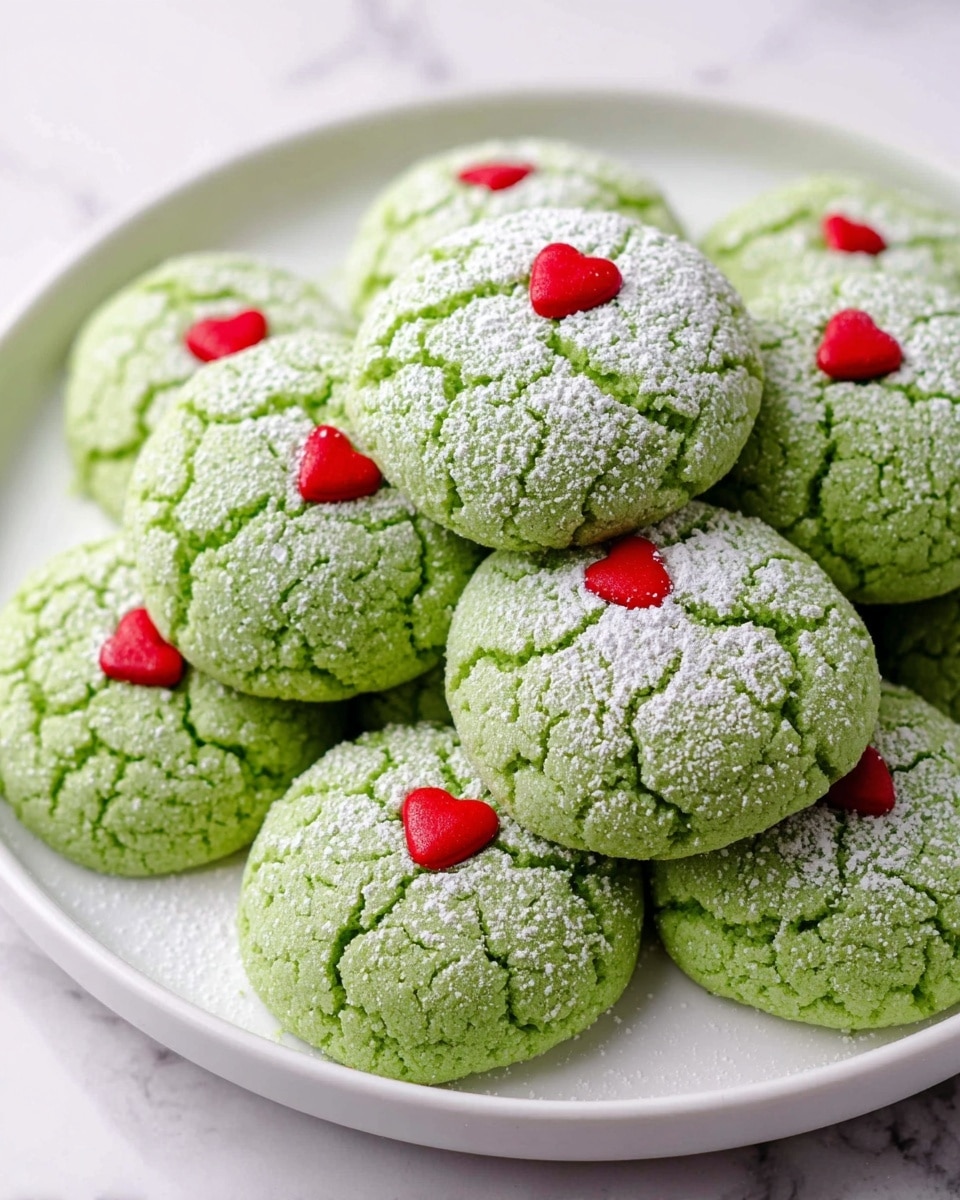 The image shows a group of round, light green cookies placed on a metal cooling rack against a white marbled background. Each cookie has a cracked surface dusted with white powdered sugar, creating a textured look. At the center of each cookie, there is a small red heart-shaped decoration that stands out brightly against the green color. The cookies are arranged in neat rows, filling the frame evenly. photo taken with an iphone --ar 4:5 --v 7