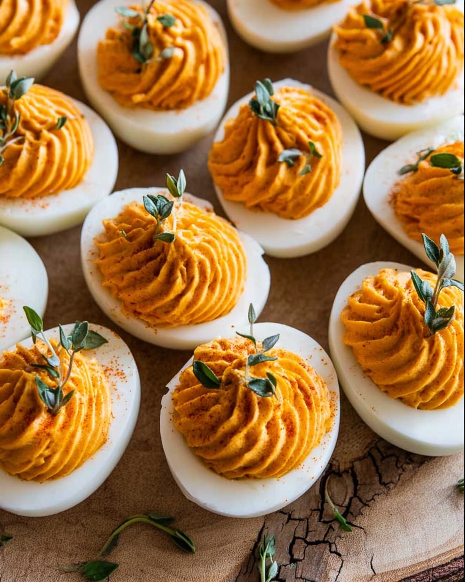 A wooden round board with a smooth light brown top and bark edges sits on a white marbled surface, holding twelve halves of hard-boiled eggs arranged closely together. Each egg half is white and filled with a generous swirl of bright orange creamy filling, piped in a spiral shape creating textured ridges. On top of each filling swirl, a small green herb leaf, some with tiny sprigs, adds a fresh touch. There is a blurred background with light and dark shapes, making the eggs the main focus. photo taken with an iphone --ar 4:5 --v 7