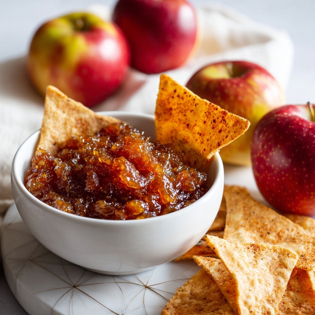 A white bowl filled with chunky, shiny, amber-colored apple chutney sits on a white marbled surface with a subtle geometric pattern. Two large, crisp tortilla chips with a reddish seasoning are partially dipped in the chutney, standing upright on the right side of the bowl. Surrounding the bowl are more tortilla chips and three red apples with a slight blush of yellow, placed in the background on white cloth. The whole scene has a warm, cozy feel with soft natural light. photo taken with an iphone --ar 4:5 --v 7