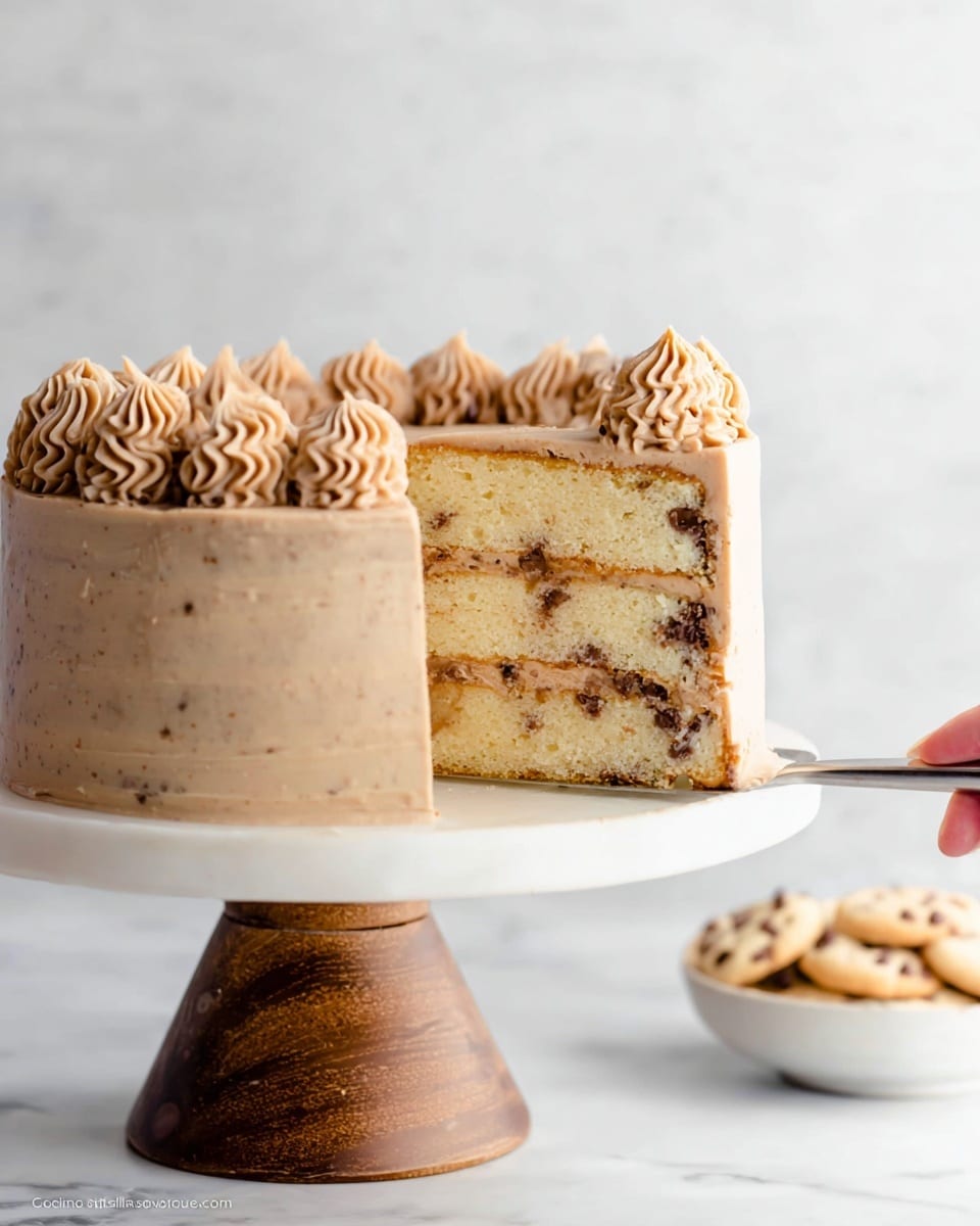A three-layer round cake sits on a white marble cake stand with a wooden base, each layer lightly covered with smooth light brown frosting that leaves parts of the cake visible, creating a semi-naked look. On top, a decorative ring of swirled light brown frosting piped evenly around the edge, with smaller dollops inside the ring, and a single small round cookie placed in the center. The cake is set against a white marbled surface with a few small orange flowers at the bottom right corner. Photo taken with an iphone --ar 4:5 --v 7