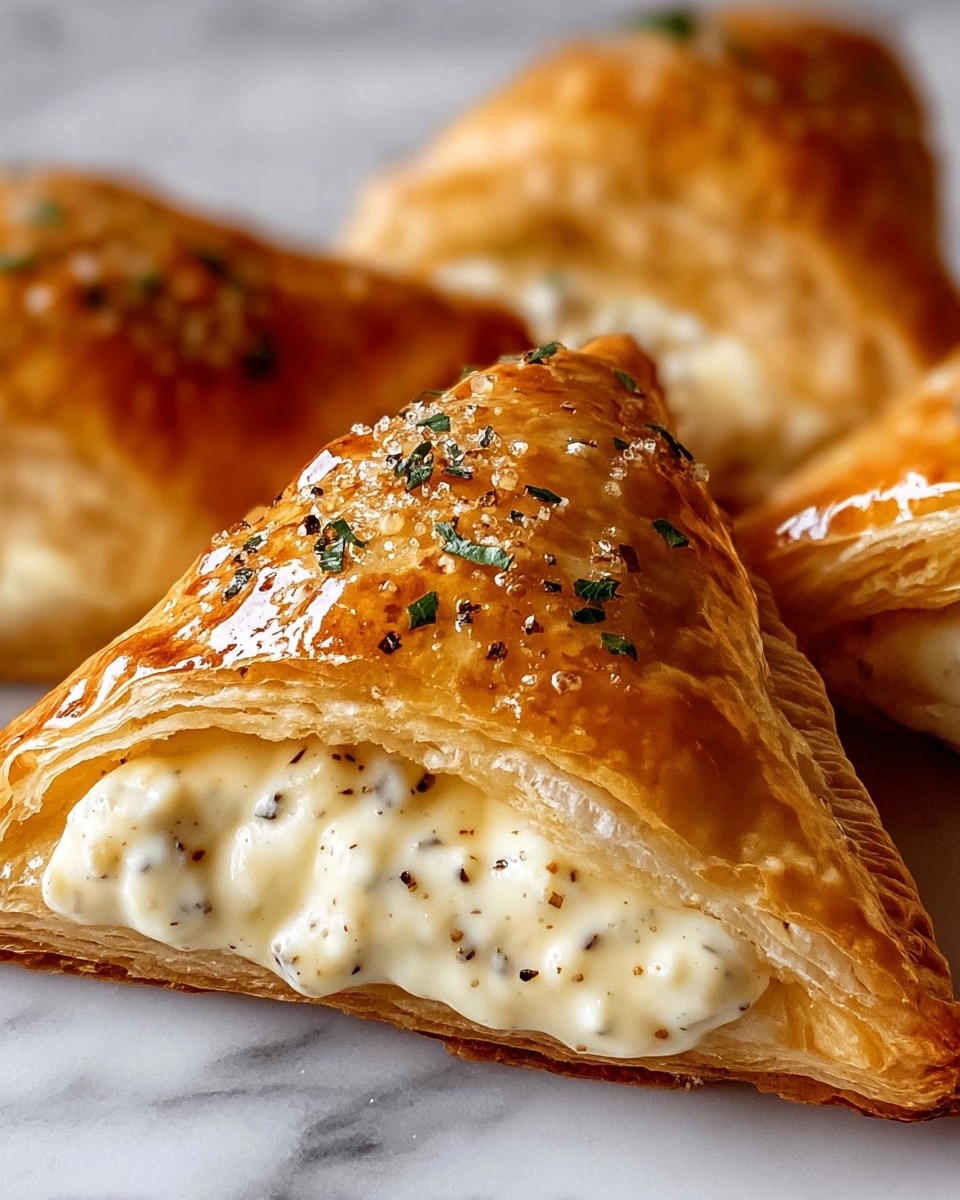 A close-up view of three golden-brown triangular pastries on a white marbled surface, with the front pastry cut open to reveal a creamy, white filling with small black pepper flakes inside. The flaky crust has a slightly shiny finish and is sprinkled with small bits of green herbs on top. The texture of the crust looks light and crispy with visible layers, and the creamy filling appears smooth and thick. Photo taken with an iphone --ar 4:5 --v 7