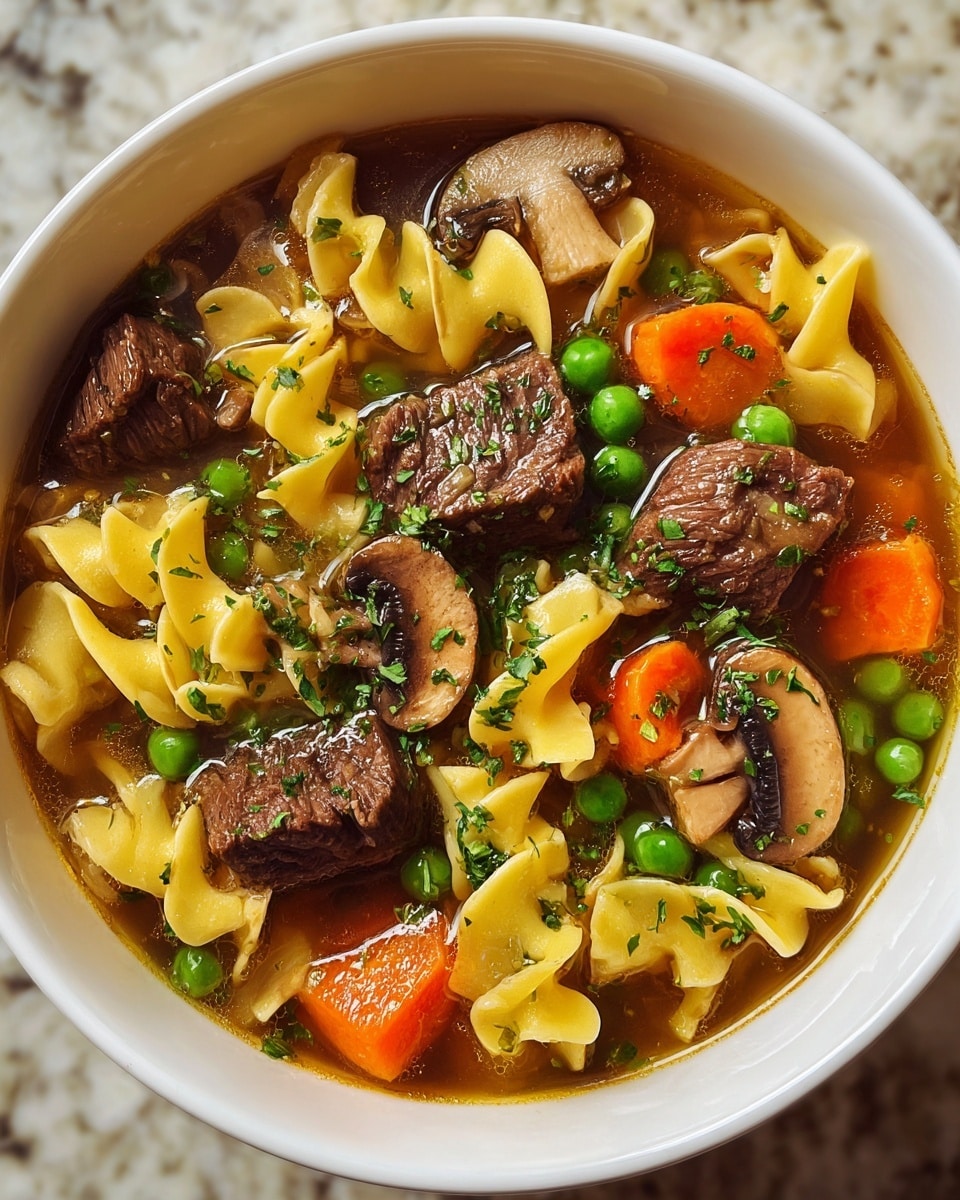 A white bowl filled with layered beef noodle soup, showing thick chunks of dark brown cooked beef scattered throughout. Swirled yellow egg noodles curl up between the beef pieces. Bright orange carrot slices, light green celery pieces, fresh green peas, and soft brown mushroom slices float in a clear brown broth. Small green herbs are sprinkled on top, adding a touch of freshness. The bowl is sitting on a white marbled surface. photo taken with an iphone --ar 4:5 --v 7