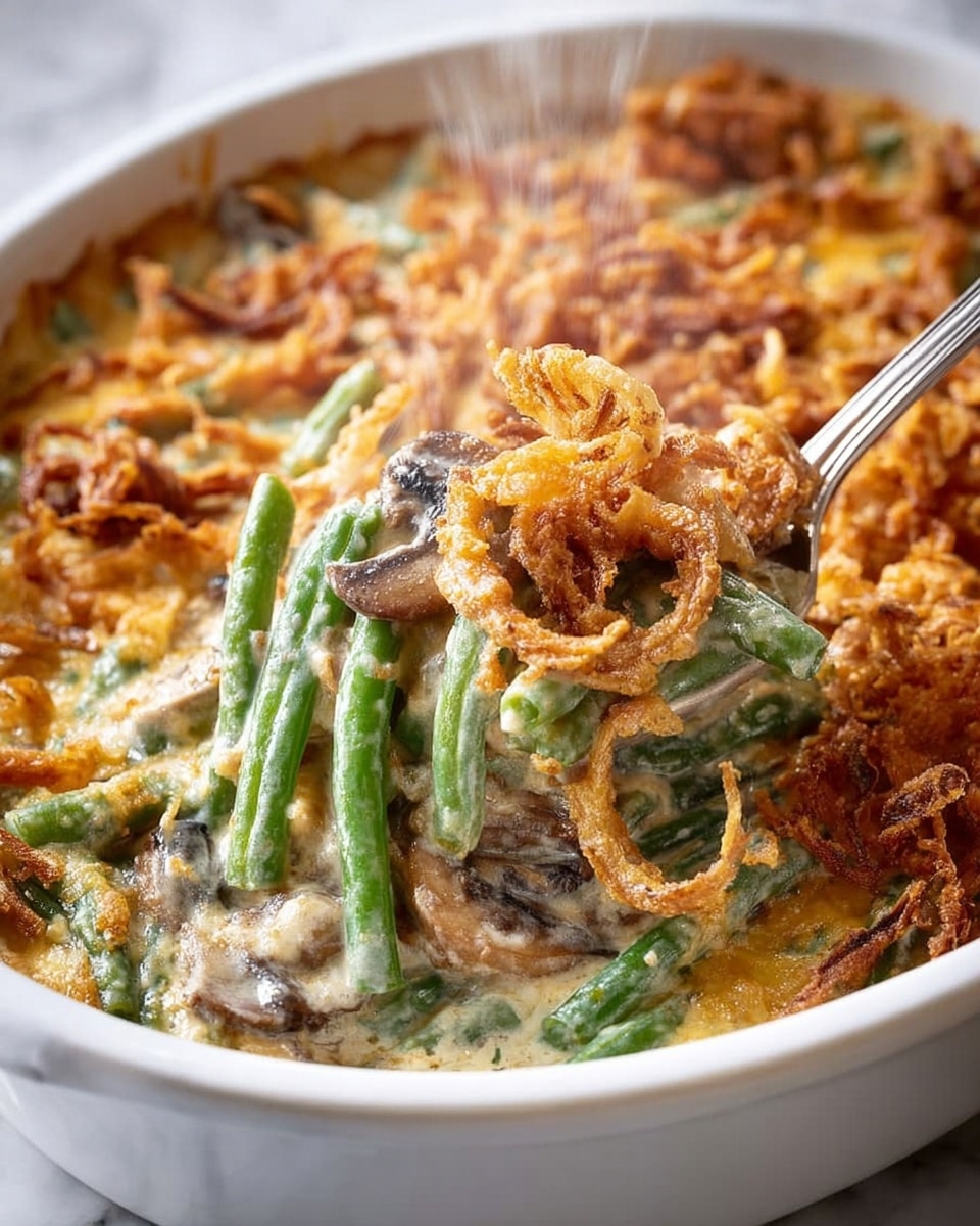 A creamy green bean casserole is shown in a white oval dish. The dish has several layers visible: at the bottom there is a creamy white sauce mixed with sliced mushrooms and green beans. On top of this, there is a thick layer of golden brown crispy fried onions, giving a crunchy texture. The green beans are bright green and scattered evenly through the sauce and on top near the edges, with some sliced mushrooms adding a dark brown contrast. The dish is sitting on a white marbled surface with a beige cloth partially visible in the corner. Photo taken with an iphone --ar 4:5 --v 7