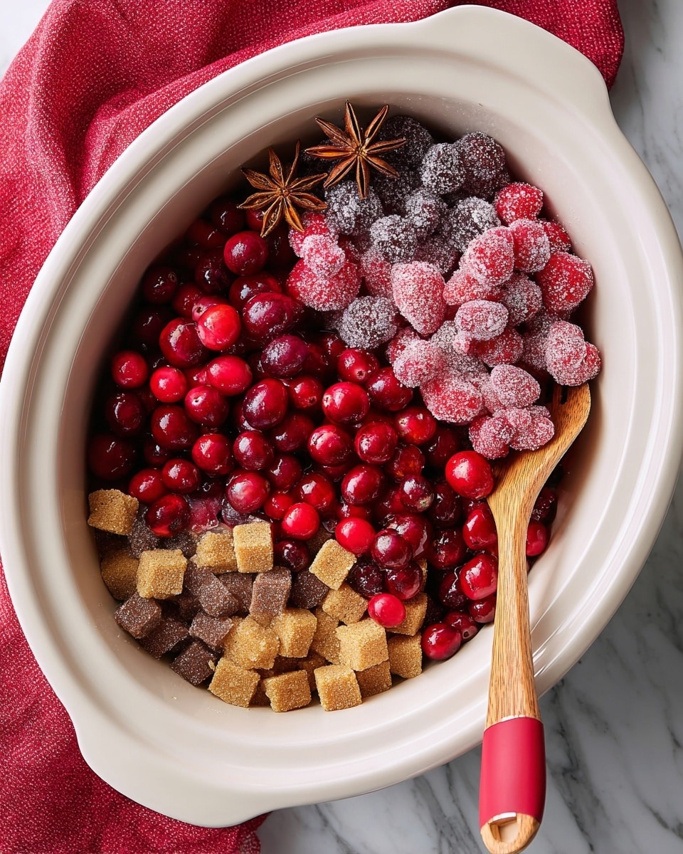 Inside a white oval slow cooker, there is a colorful mix of ingredients arranged in clear sections. The bottom layer shows light and dark brown sugar cubes and granules, with some sugar dust on top. Bright red fresh cranberries cover a large area on the right side and center. Above them, frozen cranberries and strawberries coated in frost create a rough, icy texture. Two cinnamon sticks and a star anise sit on top of the fresh cranberries near the right side. A wooden spoon with a red handle rests inside the cooker on the right. The cooker is placed on a white marbled surface with a red cloth partially visible underneath it. photo taken with an iphone --ar 4:5 --v 7