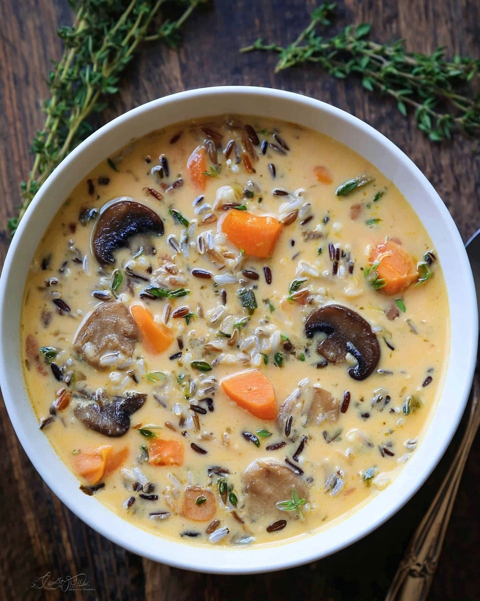 A white bowl filled with creamy soup that has a pale orange color base. Inside the soup, there are visible chunks of orange carrots and slices of brown mushrooms floating on the surface. There are also bits of mixed grains and rice with some green herbs sprinkled throughout, and sprigs of fresh thyme placed on top. The bowl is placed on a white marbled textured surface with sprigs of rosemary on the side. photo taken with an iphone --ar 4:5 --v 7