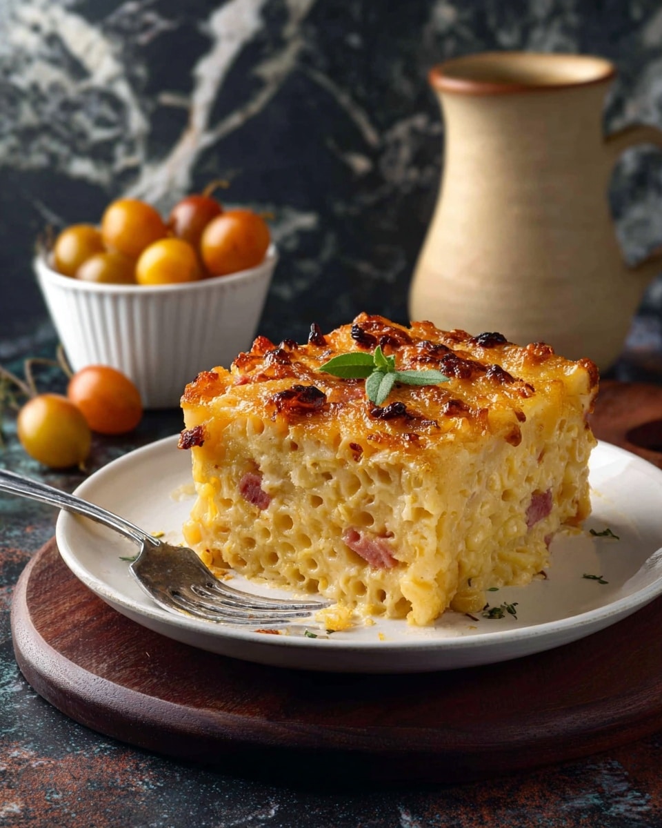 A thick square piece of baked macaroni and cheese sits on a white plate, with a crispy golden-brown top layer speckled with small browned bits and herbs, and the inside showing creamy, pale yellow macaroni with bits of ham or bacon mixed in; a small green herb leaf is placed on the top. The plate rests on a dark brown board, with a fork on the left side partly touching the macaroni. In the background, there is a white bowl filled with small round golden-brown fruits on the right and a beige jug with a spout on the left, all against a dark textured surface replaced by a white marbled texture. Photo taken with an iphone --ar 4:5 --v 7