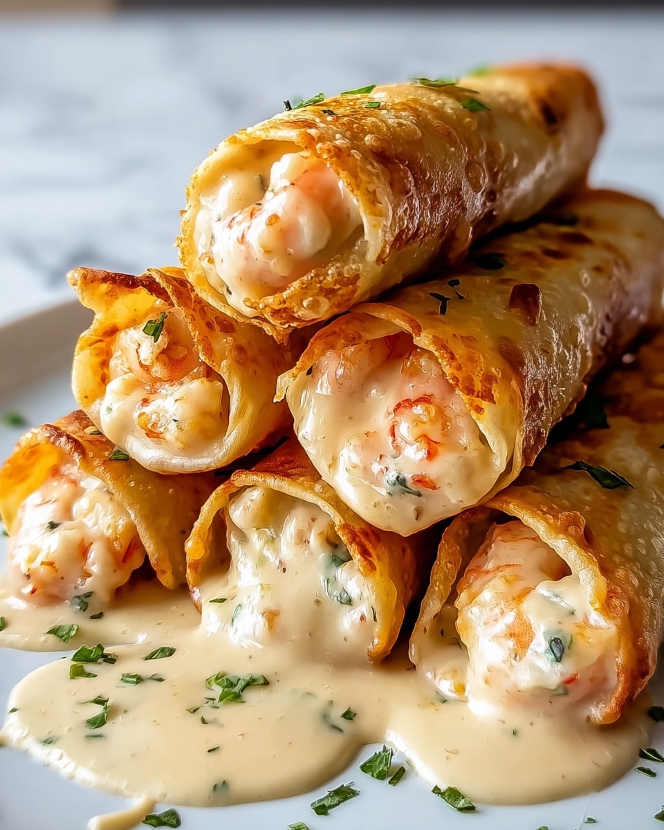 A stack of six golden brown crispy rolls is tightly arranged on a white marbled surface. Each roll is cylindrical with a crunchy outer layer that looks toasted with slight dark spots. The visible ends reveal a creamy, thick sauce inside that is overflowing slightly, showing pieces of light pink shrimp and small green herb leaves mixed into the sauce. The sauce is smooth and creamy, dripping gently onto the surface below. Extra chopped green herbs are sprinkled around the rolls, adding a fresh touch to the arrangement. The overall look is warm, rich, and inviting. photo taken with an iphone --ar 4:5 --v 7