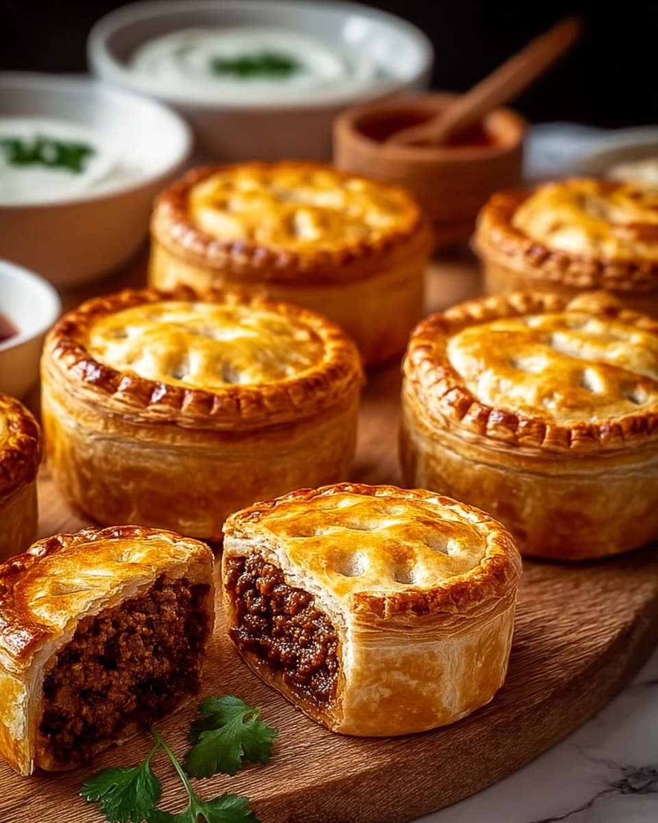The image shows several golden brown meat pies with a smooth, shiny, and flaky crust, each about two layers thick, topped with a crisscross pattern of baked dough strips. One pie in the foreground is cut open, revealing a rich, juicy, dark brown ground meat filling inside. The pies rest on a piece of parchment paper placed on a wooden board with small sprigs of green parsley as garnish around them. In the background, there are blurred white bowls containing sauces, all set against a white marbled texture surface. photo taken with an iphone --ar 4:5 --v 7