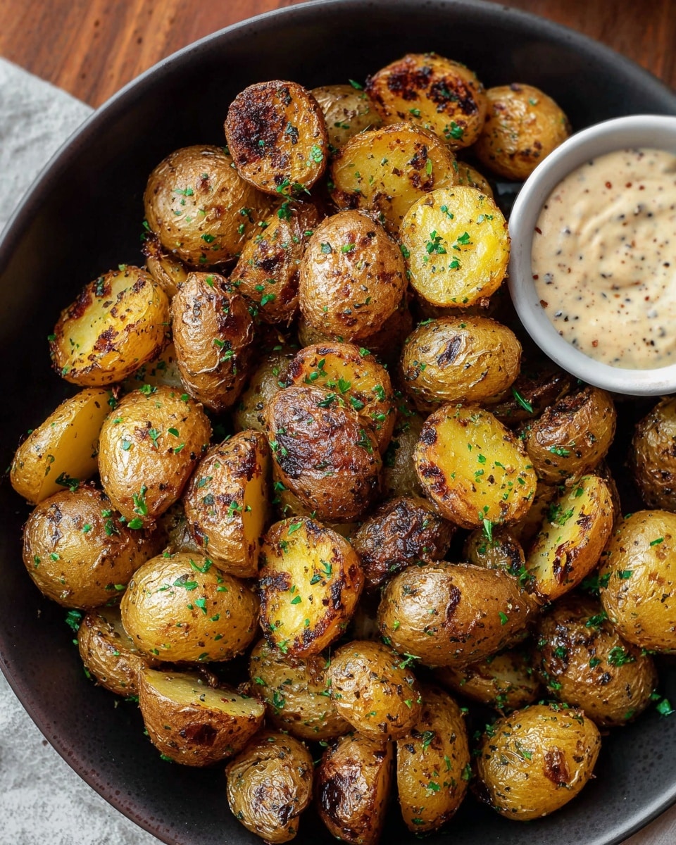 A metal baking tray filled with one layer of small roasted baby potatoes that are golden-brown with some dark grill marks and crispy skins, scattered unevenly across the tray. A few potatoes are cut in half showing a warm yellow inside. Small bits of green herbs and tiny caramelized onion pieces are spread among the potatoes, adding texture and color. The tray rests on a white marbled textured surface with a dark cloth partially visible underneath. Photo taken with an iphone --ar 4:5 --v 7