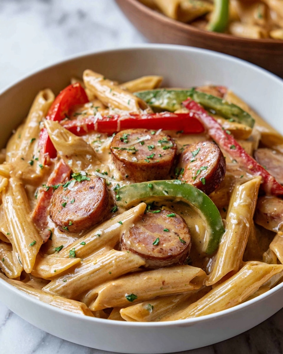 This image shows a black skillet filled with creamy pasta mixed with sliced sausages and cooked vegetables. The pasta is light yellow penne, coated in a creamy sauce, mixed with round slices of browned sausage. Green and red bell pepper strips and thinly sliced onions add pops of red, green, and purple colors throughout. The skillet rests on a white marbled surface, with a silver fork placed inside the pasta on the right side. Lime wedges and green parsley pieces are scattered around the skillet. photo taken with an iphone --ar 4:5 --v 7