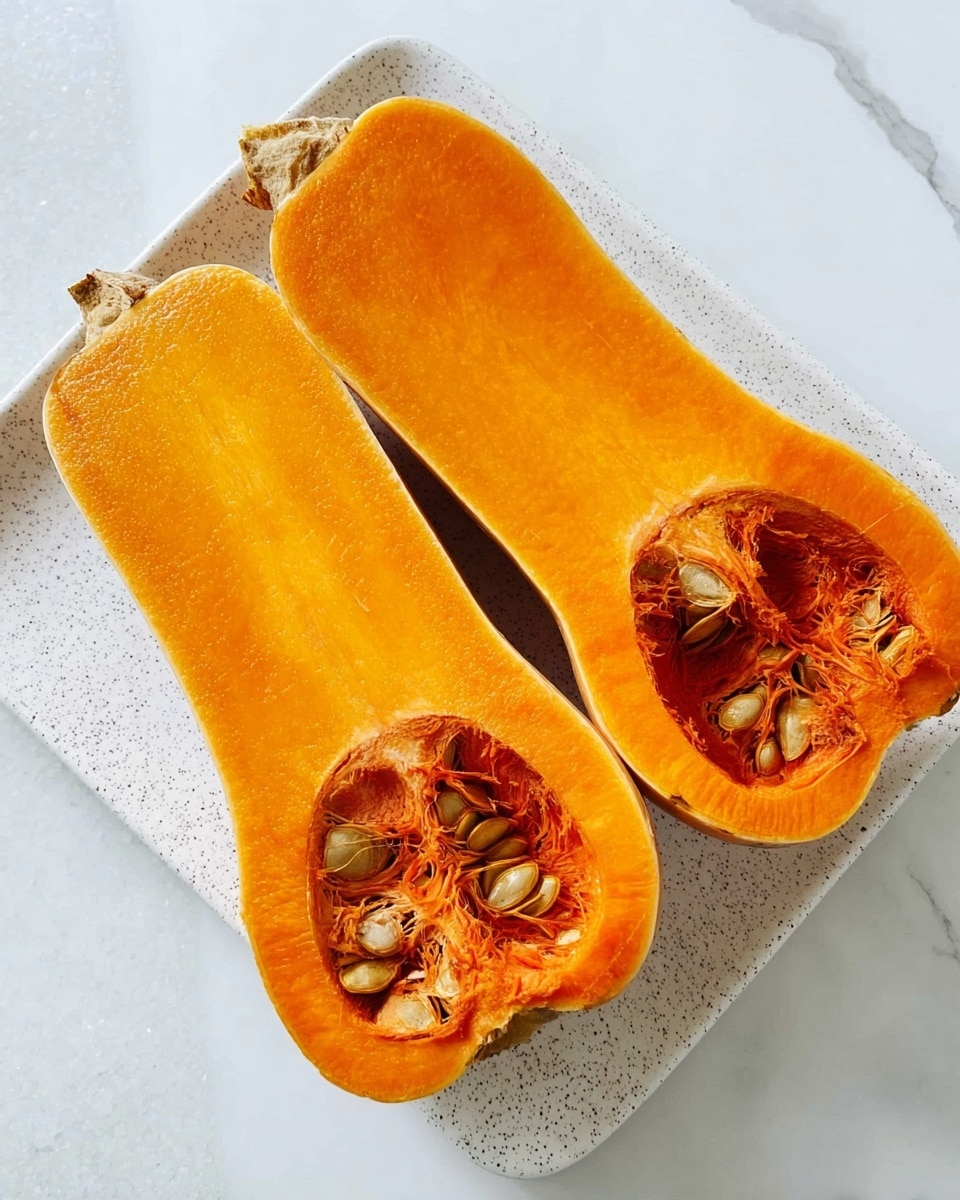 A large orange butternut squash cut in half lengthwise, showing two thick, smooth, and dense flesh layers with a rich orange color; the top half of each piece has a fibrous texture with visible stringy strands and clusters of tan seeds in hollow cavities near the bottom ends; the outer skin is light brown and slightly wrinkled, wrapping the edges of the squash. The squash halves rest on a white speckled cutting board, placed on a white marbled surface. Photo taken with an iphone --ar 4:5 --v 7
