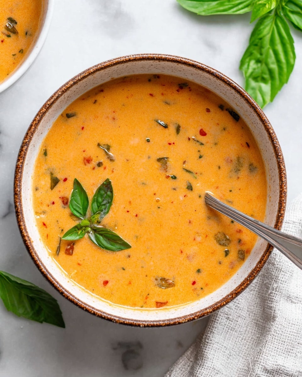 A white bowl with a rough brown rim is filled with creamy orange soup that has small bits of green and red herbs mixed in, creating a lightly speckled texture. A silver spoon rests inside the bowl on the right side, partially submerged in the soup. Two fresh green basil leaves lay gently on the surface of the soup near the left side of the bowl. The bowl sits on a white marbled surface with a light gray cloth partially visible on the right side and a few loose basil leaves in the background. photo taken with an iphone --ar 4:5 --v 7