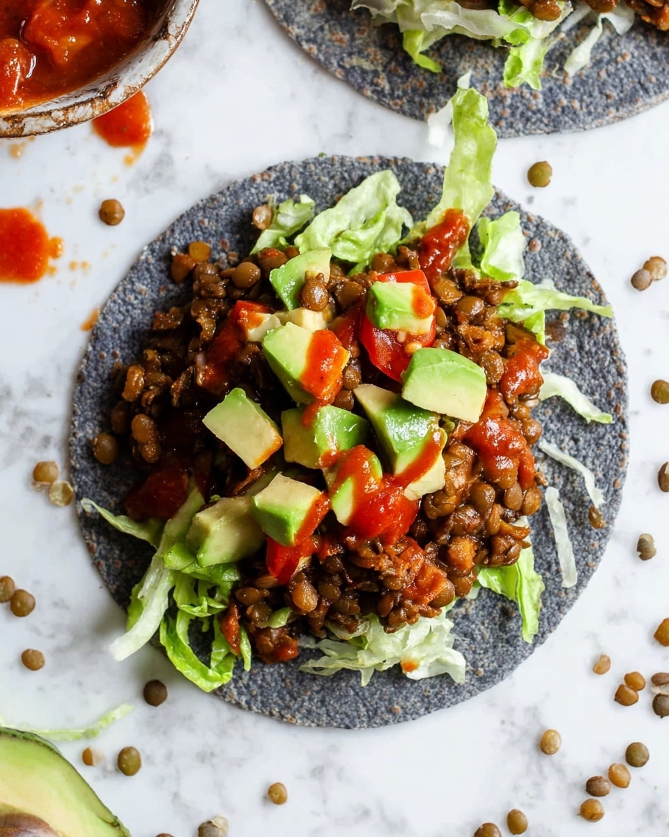 A blue corn tortilla lies flat on a white marbled surface, topped with a thick layer of cooked lentils mixed with small pieces of red bell pepper, giving a brown and red textured base. On top of this is a scattering of shredded light green lettuce, then large chunks of bright green avocado. Bright red diced tomatoes and a spoonful of red salsa add color on top, with some salsa dripping slightly onto the sides. In the background, more blue tortillas stacked and filled similarly, and a gray bowl filled with more cooked lentils sit on the white marbled surface. Photo taken with an iphone --ar 4:5 --v 7