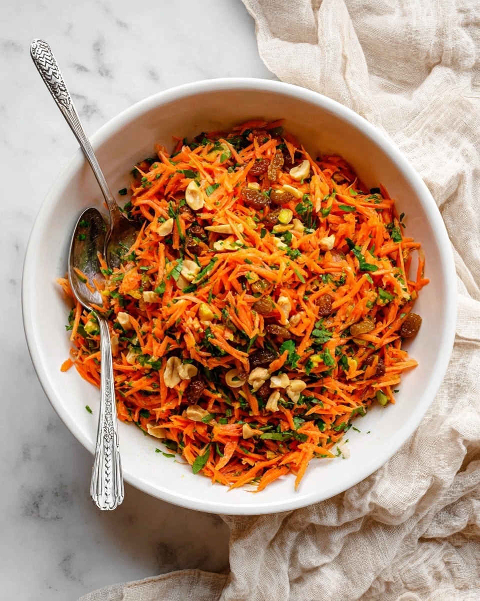 A white bowl filled with a colorful carrot salad made of three layers: a base layer of bright orange shredded carrots mixed with pieces of green parsley, golden raisins scattered evenly throughout, and small light brown walnut chunks adding a crunchy texture. Two vintage silver spoons rest inside the bowl, slightly buried under the salad. The bowl is set on a white marbled surface with a soft beige cloth partially visible on the side. photo taken with an iphone --ar 4:5 --v 7