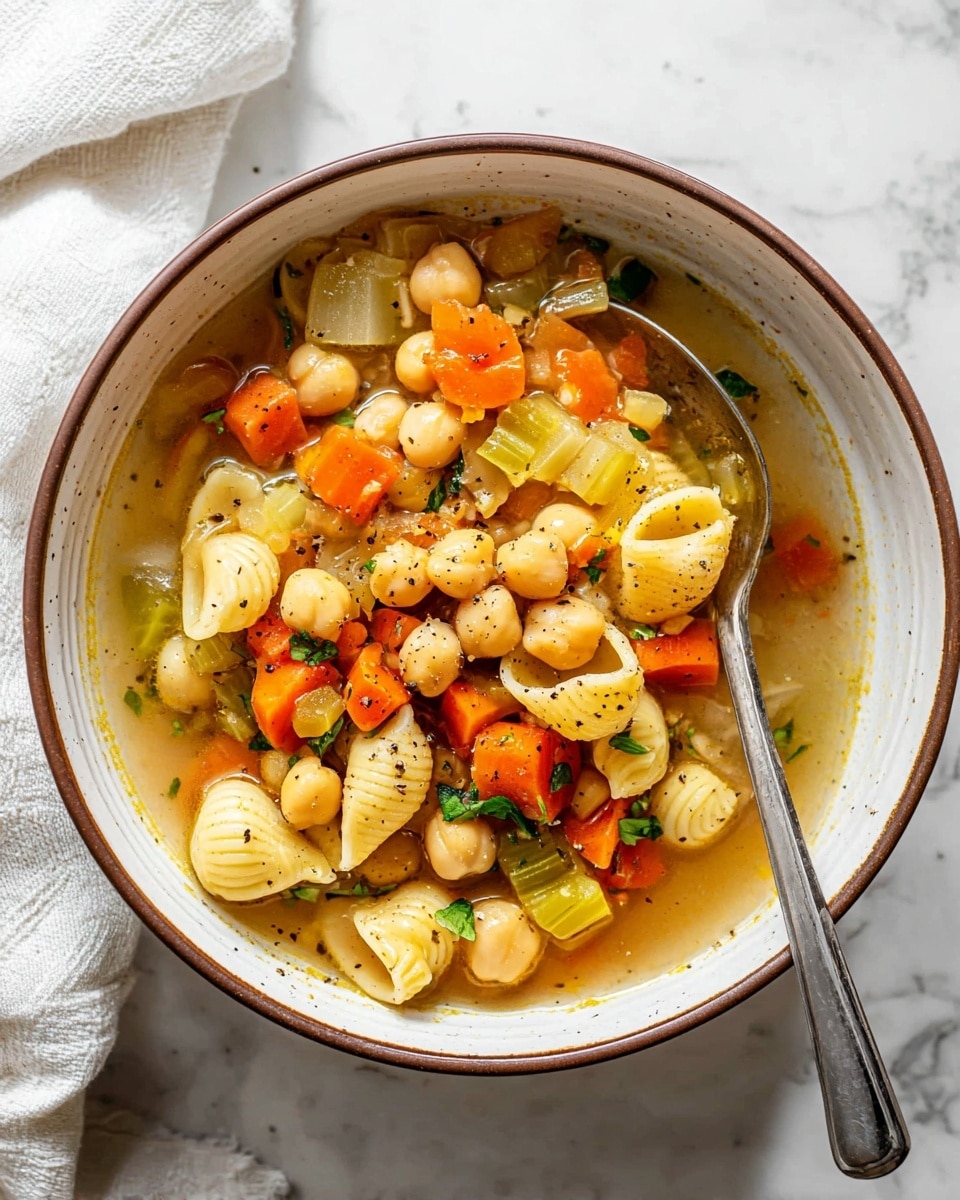 A close-up view of a bowl filled with a colorful chickpea soup, showing three main layers: at the bottom, a clear, light golden broth; the middle layer has a mix of chickpeas that are pale beige, small yellow shell pasta, bright orange carrot chunks, and green celery pieces, all floating evenly; the top layer includes small pieces of chopped onions and fresh green parsley sprinkled with cracked black pepper, giving a textured look. A shiny metal spoon is scooping a mix of chickpeas, pasta, carrots, celery, and parsley from the right side of the bowl. The bowl itself is white with a speckled brown rim, and it sits on a white marbled surface with a light-colored cloth nearby, softly blurred in the background. photo taken with an iphone --ar 4:5 --v 7