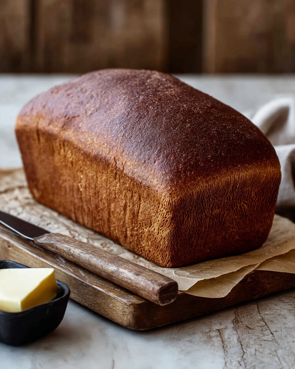 A whole loaf of bread with a rich, dark brown crust, smooth and slightly shiny on top, and textured with fine lines on the sides, sits on a piece of parchment paper on a wooden cutting board. Next to the loaf, a knife with a wooden handle and a slightly worn blade is placed diagonally. In the background, there is a small black dish holding a slab of pale yellow butter. The whole setup is on a white marbled surface with a neutral blurred backdrop. photo taken with an iphone --ar 4:5 --v 7