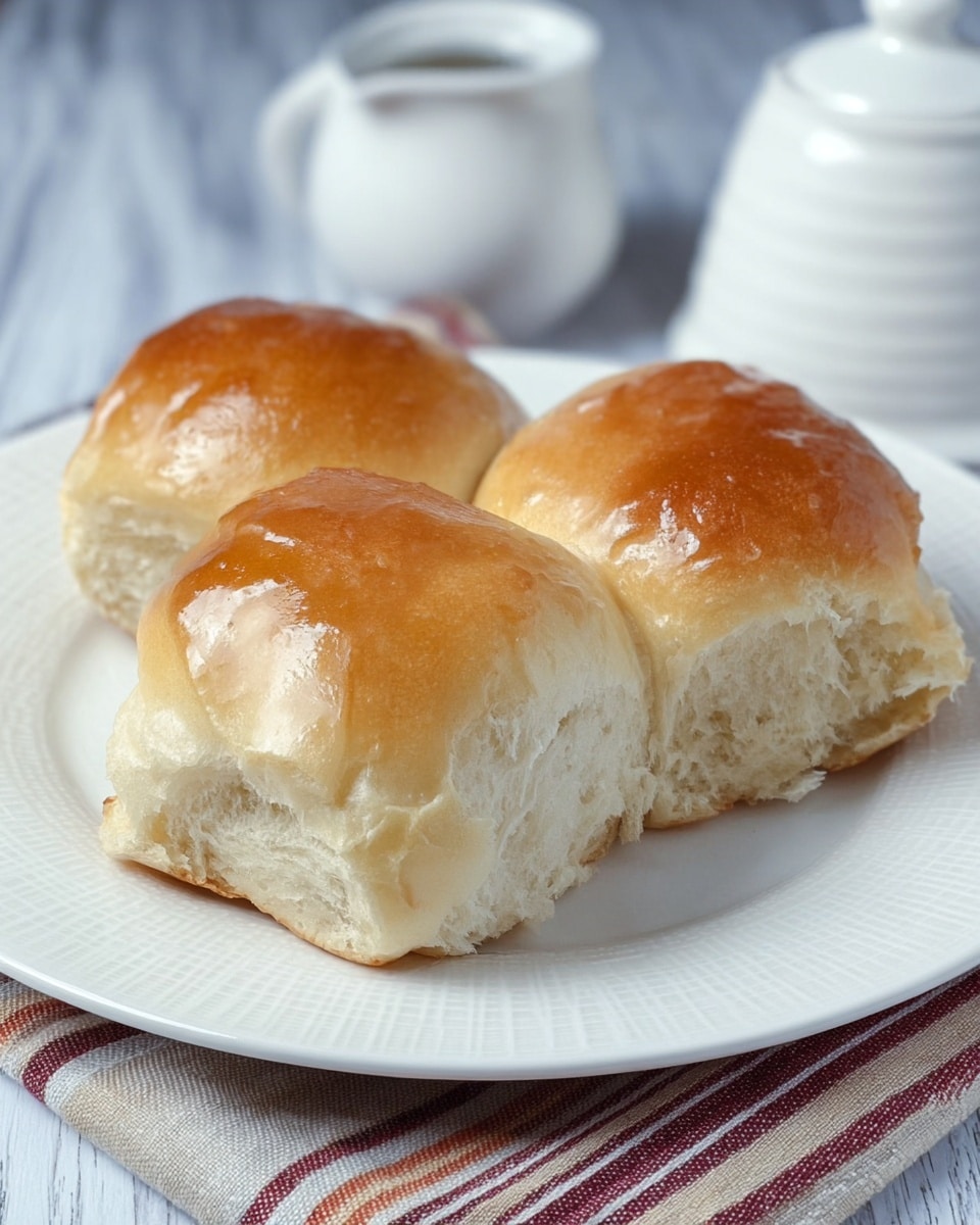 The image shows three soft, shiny bread rolls with a golden brown top and fluffy white inside, placed on a white plate with a subtle pattern. The rolls look fresh and tender with smooth, slightly glossy tops. The plate is set on a white marbled surface, and in the background, there is a white butter dish partially visible, with a colorful striped cloth under the plate adding warmth to the scene. photo taken with an iphone --ar 4:5 --v 7