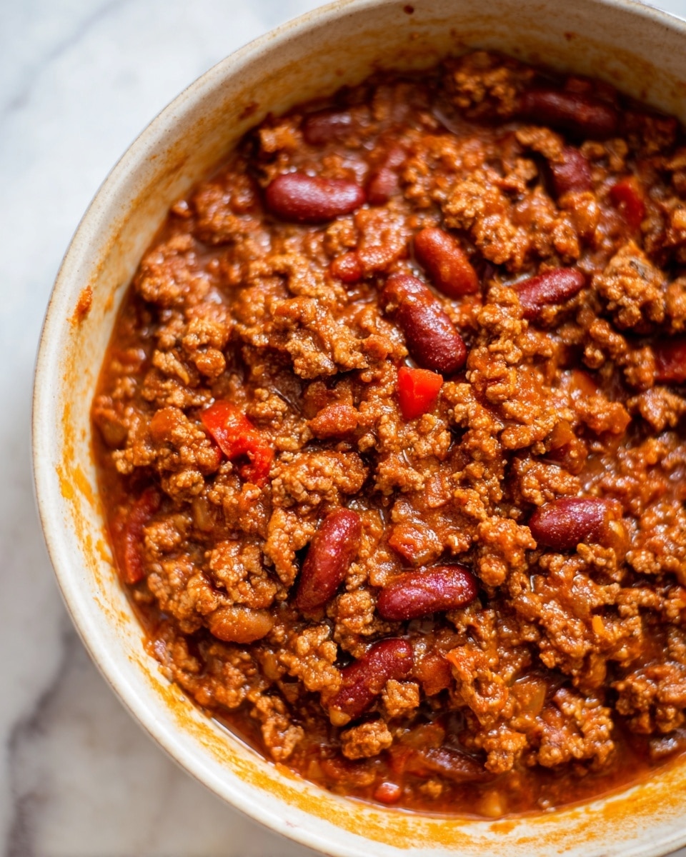 The image shows a close-up of a single layer of cooked chili in a white bowl, featuring a mix of ground beef, red beans, and small pieces of red bell pepper, all coated in a rich reddish-brown sauce with a slightly oily texture. The chili has a chunky consistency, with bits of meat and beans clearly visible, and the bowl has some slight orange stains on the rim. The background is a white marbled texture. photo taken with an iphone --ar 4:5 --v 7
