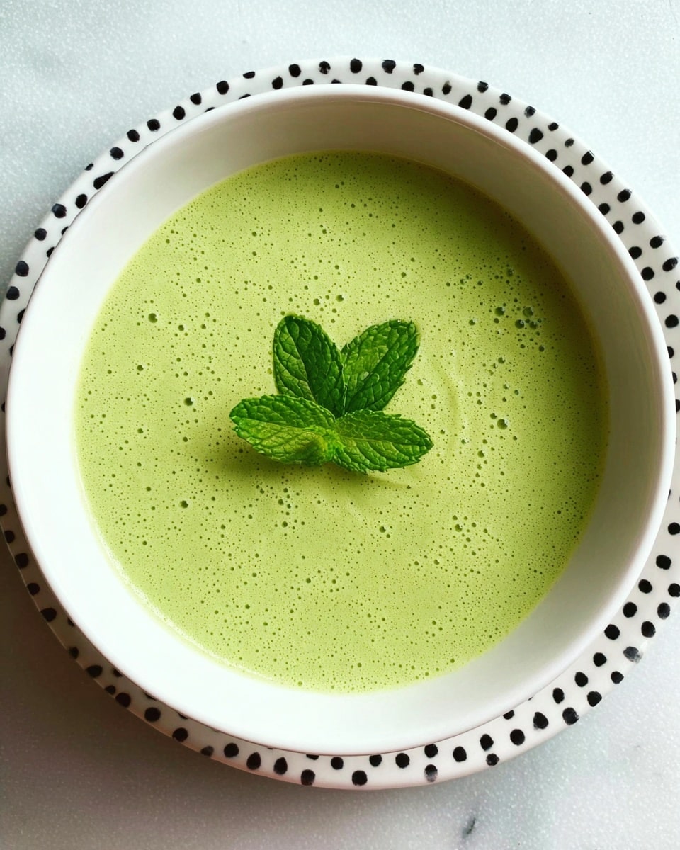 A white bowl filled with a smooth, light green creamy soup that has small bubbles scattered evenly across the surface, topped in the center with three fresh green mint leaves. The bowl is placed on a white marbled surface with a part of a white plate that has large black circles visible on the right side. photo taken with an iphone --ar 4:5 --v 7
