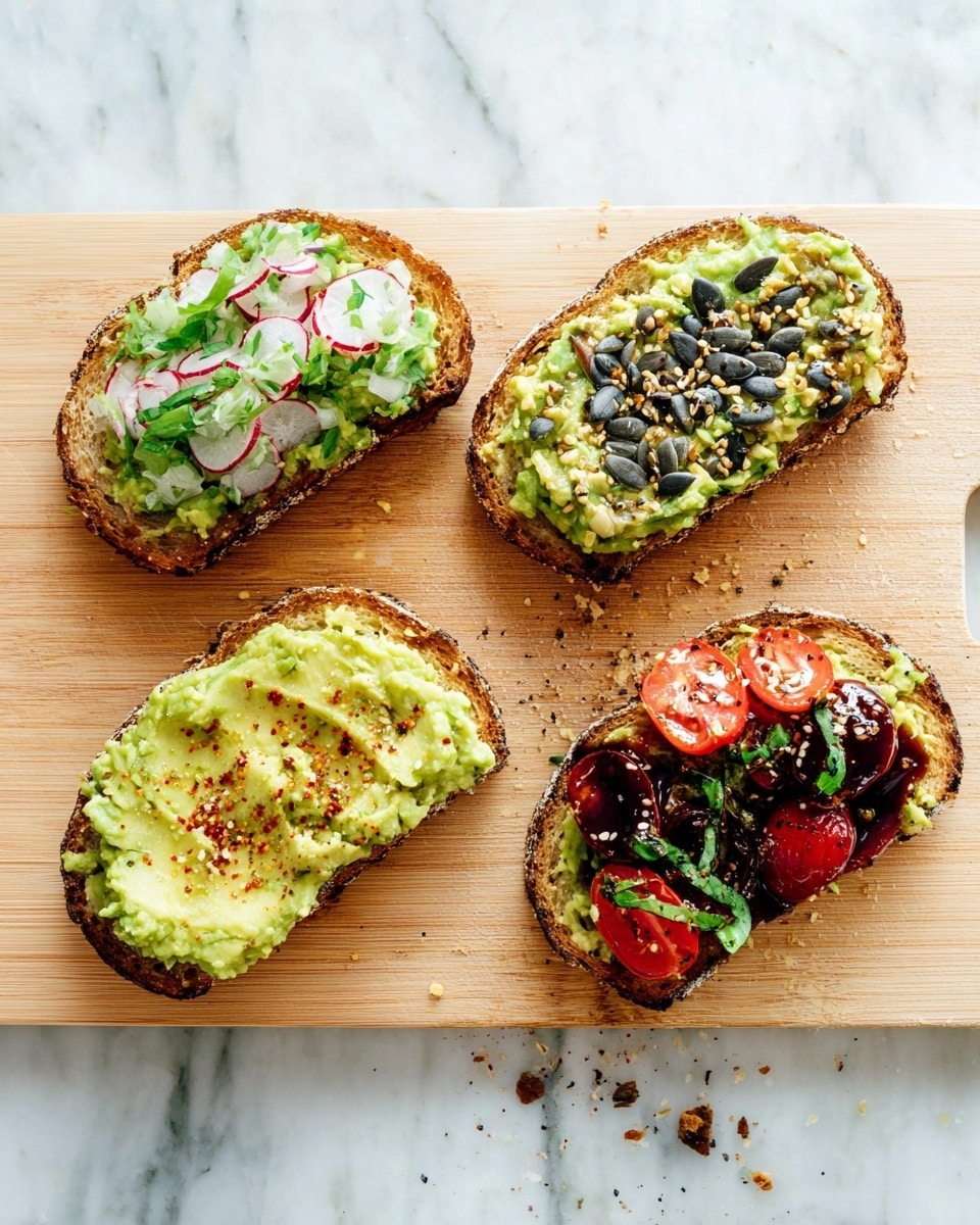 Four slices of toasted multigrain bread are arranged on a light wooden cutting board set on a white marbled surface. The top right toast has a thick layer of mashed avocado with a dark green herb sauce spread on top, sprinkled with white and black seeds and bits of seasoning. The top left toast is covered with mashed avocado and topped with chopped green onions, diced radishes, and sunflower seeds, giving it a fresh crunch. The bottom left toast features a smooth spread of mashed avocado, lightly sprinkled with red chili flakes. The bottom right toast has a base of mashed avocado, bright green leafy greens, and cherry tomato slices arranged on top, finished with a drizzle of dark balsamic glaze. Photo taken with an iphone --ar 4:5 --v 7