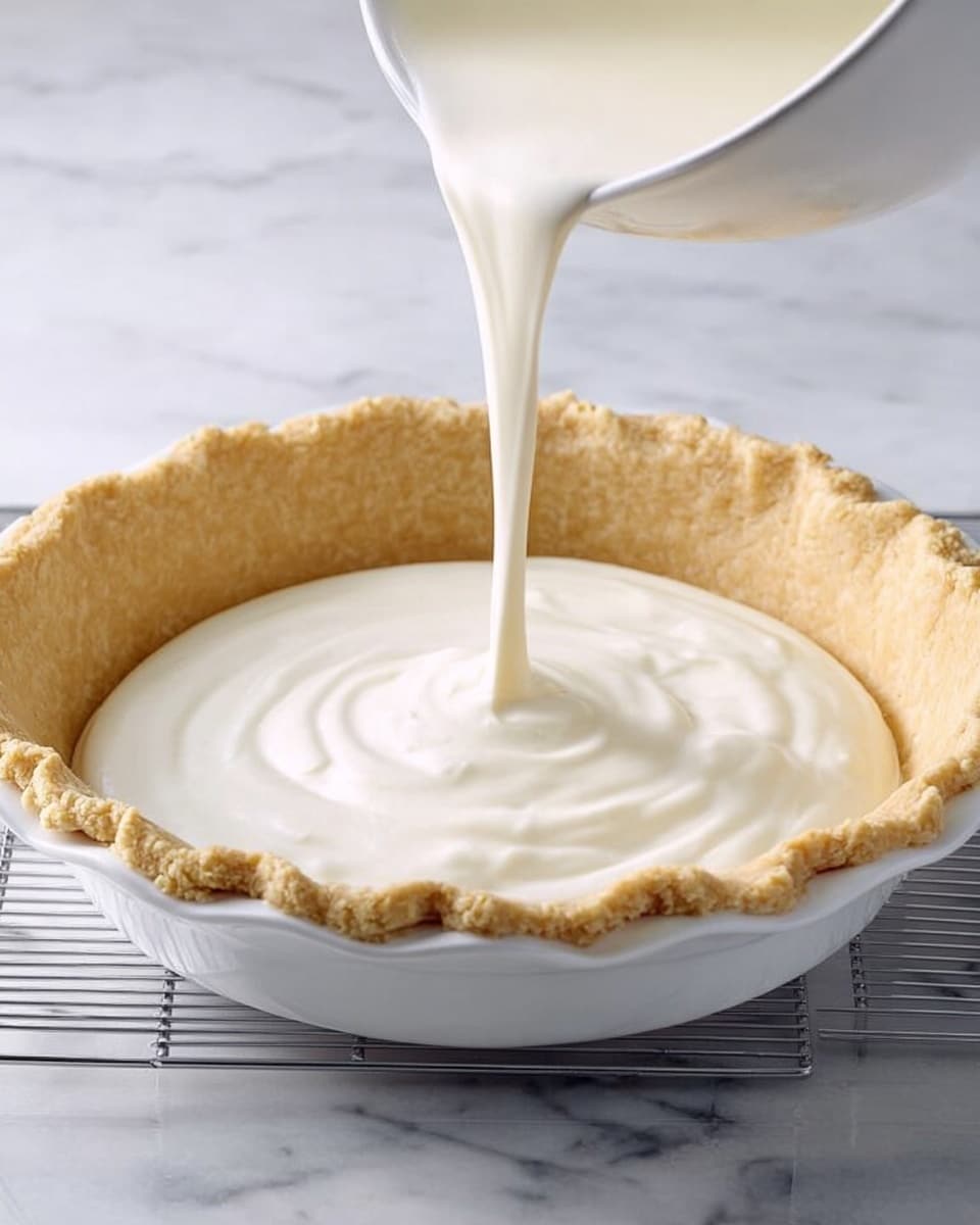 A close-up view of a white pie crust lined inside a white pie dish sitting on a wire rack over a white marbled surface. The pie crust is light beige with a textured edge pressed down with fork marks all around the rim. A smooth, thick cream-colored liquid filling is being poured into the crust, creating soft swirls on the surface as it fills the bottom layer of the pie. The background is softly blurred to keep focus on the pouring action and the pie itself. photo taken with an iphone --ar 4:5 --v 7