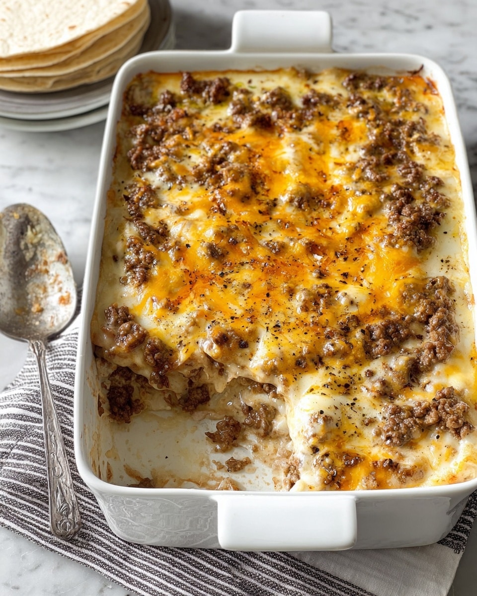A white rectangular baking dish holds a layered casserole with three visible layers: a base layer of light creamy sauce mixed with browned ground meat, a middle layer of melted shredded cheese that is yellow and white in color, and a top layer sprinkled with browned, crumbly cooked ground meat mixed with melted cheese, showing some black pepper flakes scattered on top. A corner is scooped out, revealing the soft, saucy inside. The dish sits on a striped black and white cloth on a white marbled textured surface. A large silver spoon is placed to the left of the dish, with some cheese stuck to it. Near the top left corner, a stack of light-colored tortillas is visible. photo taken with an iphone --ar 4:5 --v 7