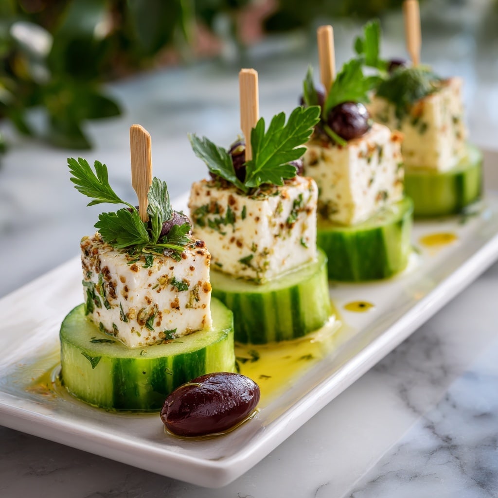 The image shows an appetizer with three layers on a long white plate, placed on a white marbled surface. Each piece has a thick slice of dark green cucumber as the base, topped by a creamy white cube of feta cheese with black and red spice flakes scattered across it. Each feta cube is garnished with small green herb leaves and pierced with a wooden skewer standing vertically. Around the pieces, there is a pool of golden olive oil with small green herb bits floating in it. On the right side of the plate, there is a single shiny brown olive. In the blurry background, fresh green herbs and red cherry tomatoes are visible. Photo taken with an iphone --ar 4:5 --v 7