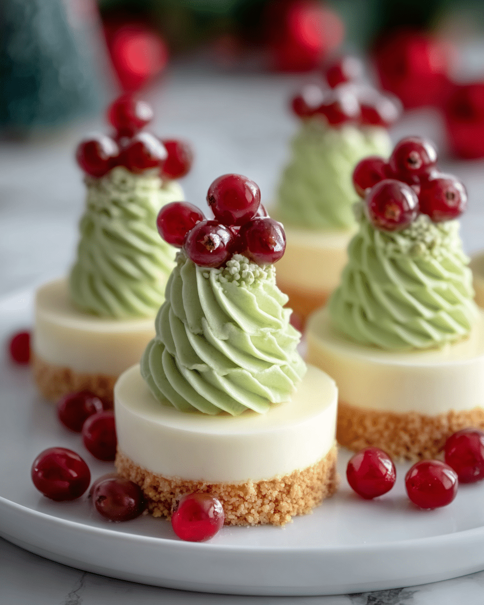 The image shows small, round desserts placed on a white plate, each with three main layers. The bottom layer is a light-colored crumbly base, the middle layer is smooth and creamy white, and the top layer is light green whipped cream shaped like a swirl that looks like a small tree. Red berries are stacked on top of the green swirl and scattered around the plate, adding bright color and shine. The background has a white marbled surface with some blurred red and green shapes, giving a festive feeling. photo taken with an iphone --ar 4:5 --v 7