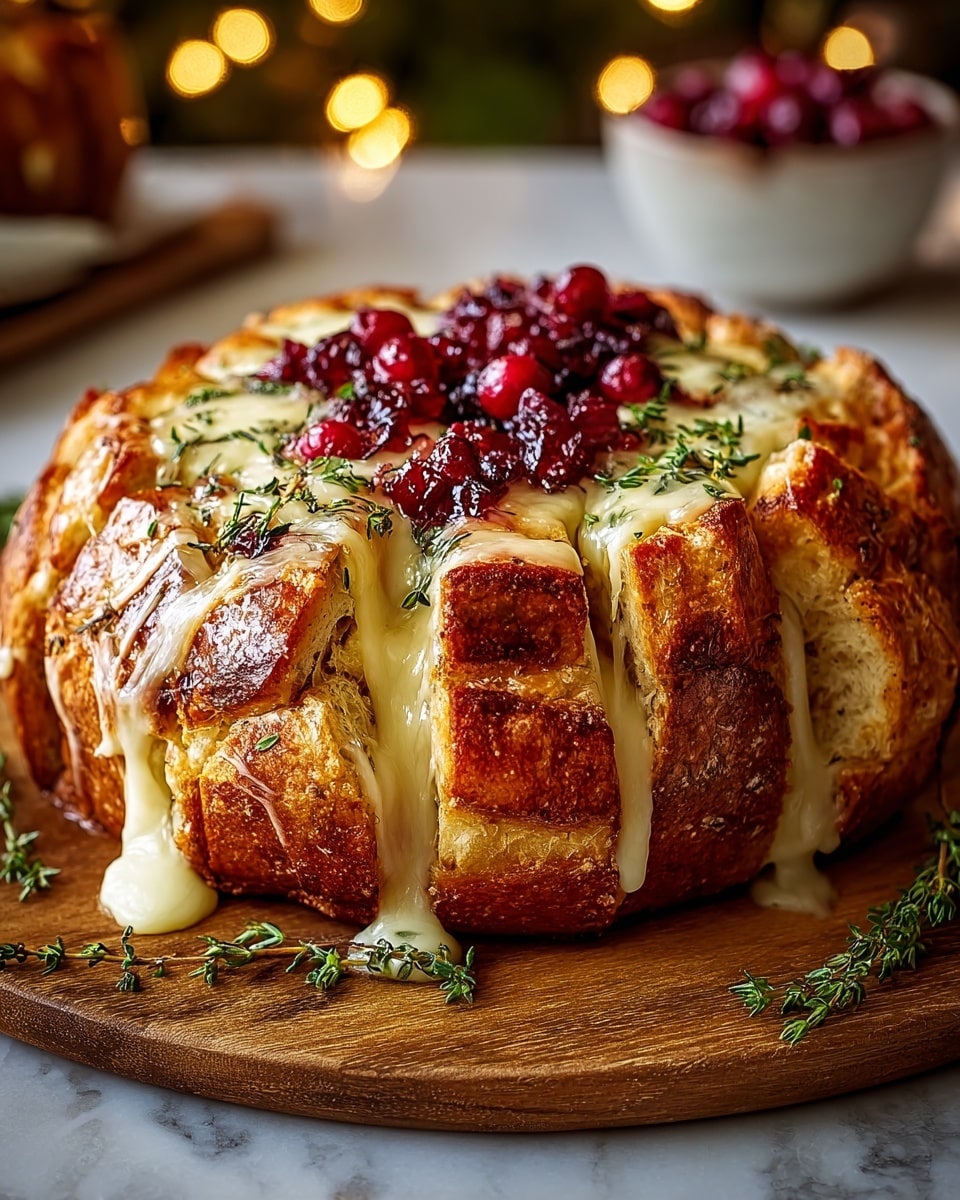 A golden-brown loaf of bread is sliced almost all the way through in even layers, each layer filled with melted creamy white cheese and bright red cranberries. The bread's crust is shiny and crisp with small flecks of herbs sprinkled on top, including sprigs of fresh green rosemary placed decoratively over the top and around the loaf. The bread sits on a wooden board, contrasting with the white marbled textured surface beneath. Warm lighting highlights the textures of the bread and gooey cheese, giving a cozy and inviting feeling. Photo taken with an iphone --ar 4:5 --v 7