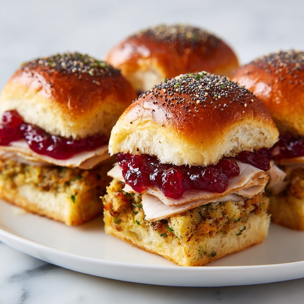 The image shows four small slider sandwiches on a white plate with a white marbled textured background. Each slider has four layers: the bottom layer is a thick, golden stuffing with herbs, the second layer is thinly sliced, light-colored turkey meat, the third layer is a bright red cranberry sauce spread evenly across, and the top layer is a glossy, golden brown bun sprinkled with black and white poppy seeds. The sandwiches have a soft texture and a fresh, homemade look. Photo taken with an iphone --ar 4:5 --v 7