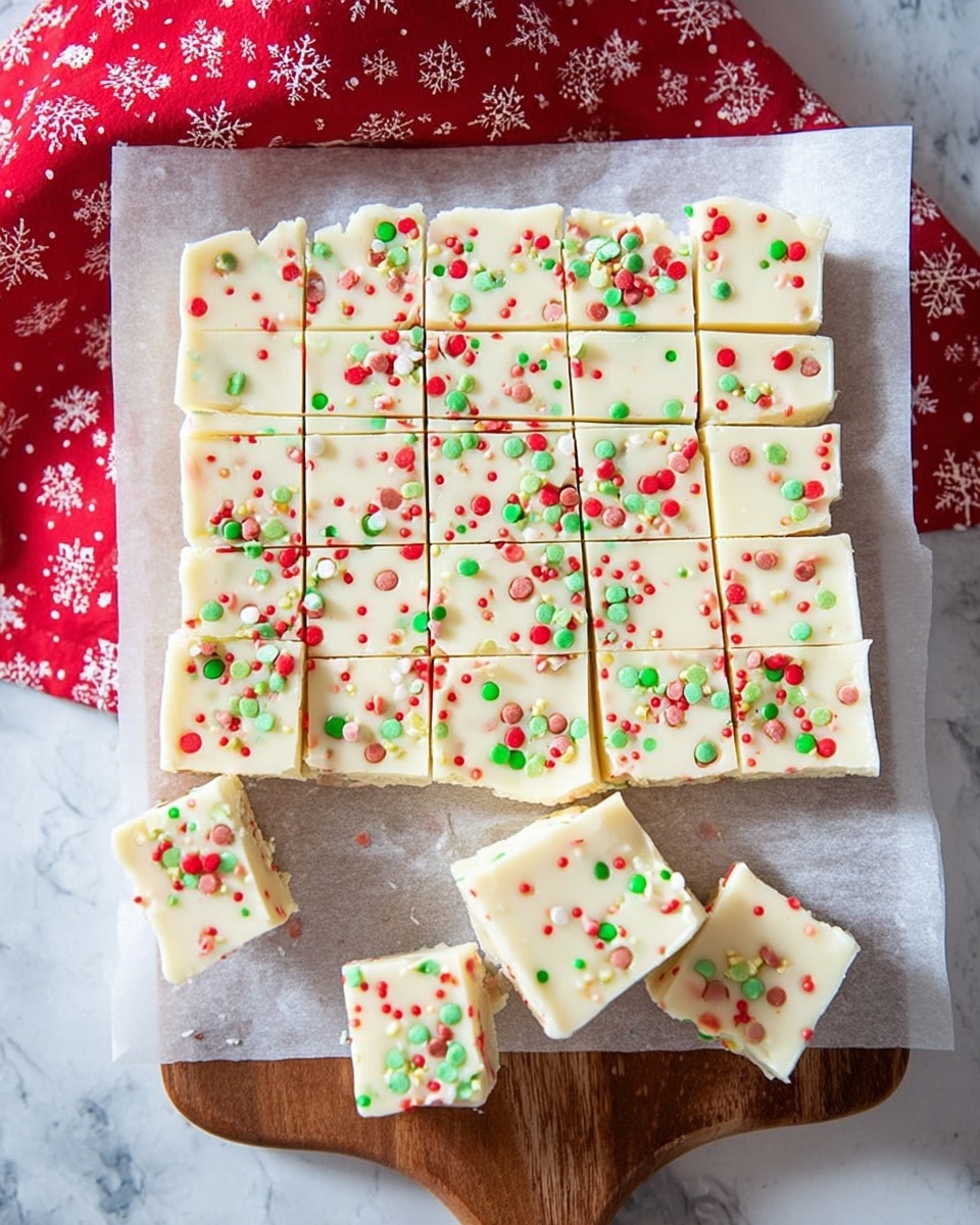 A flat layer of white fudge is cut into 24 square pieces arranged in a 4 by 6 grid on white parchment paper over a wooden board. The fudge is smooth and creamy with colorful red, green, and white round and oval sprinkles scattered evenly over the top, adding texture. Five pieces are placed slightly separated below the main grid in a loose row. The background features a white marbled texture surface with a red cloth with white snowflakes peeking around the board edges. Photo taken with an iphone --ar 4:5 --v 7
