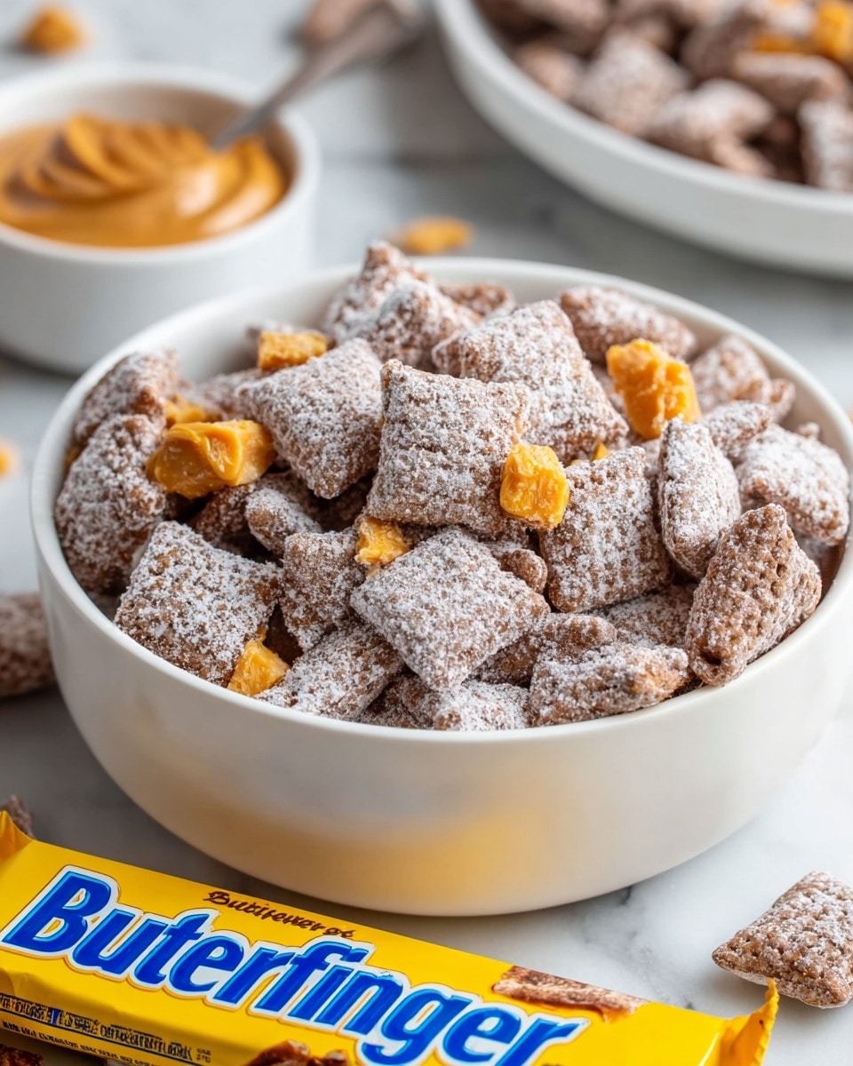 A close-up shot of a white bowl filled with chocolate-covered square cereal pieces coated in a dusting of powdered sugar, mixed with small broken chunks of bright orange peanut butter candy scattered on top and around the cereal. In the foreground, a yellow Butterfinger candy bar wrapper with blue and white text lies flat, partially cropped. The background shows a blurred white bowl with more cereal pieces and a small white bowl of smooth peanut butter. All items are placed on a white marbled surface. Photo taken with an iphone --ar 4:5 --v 7