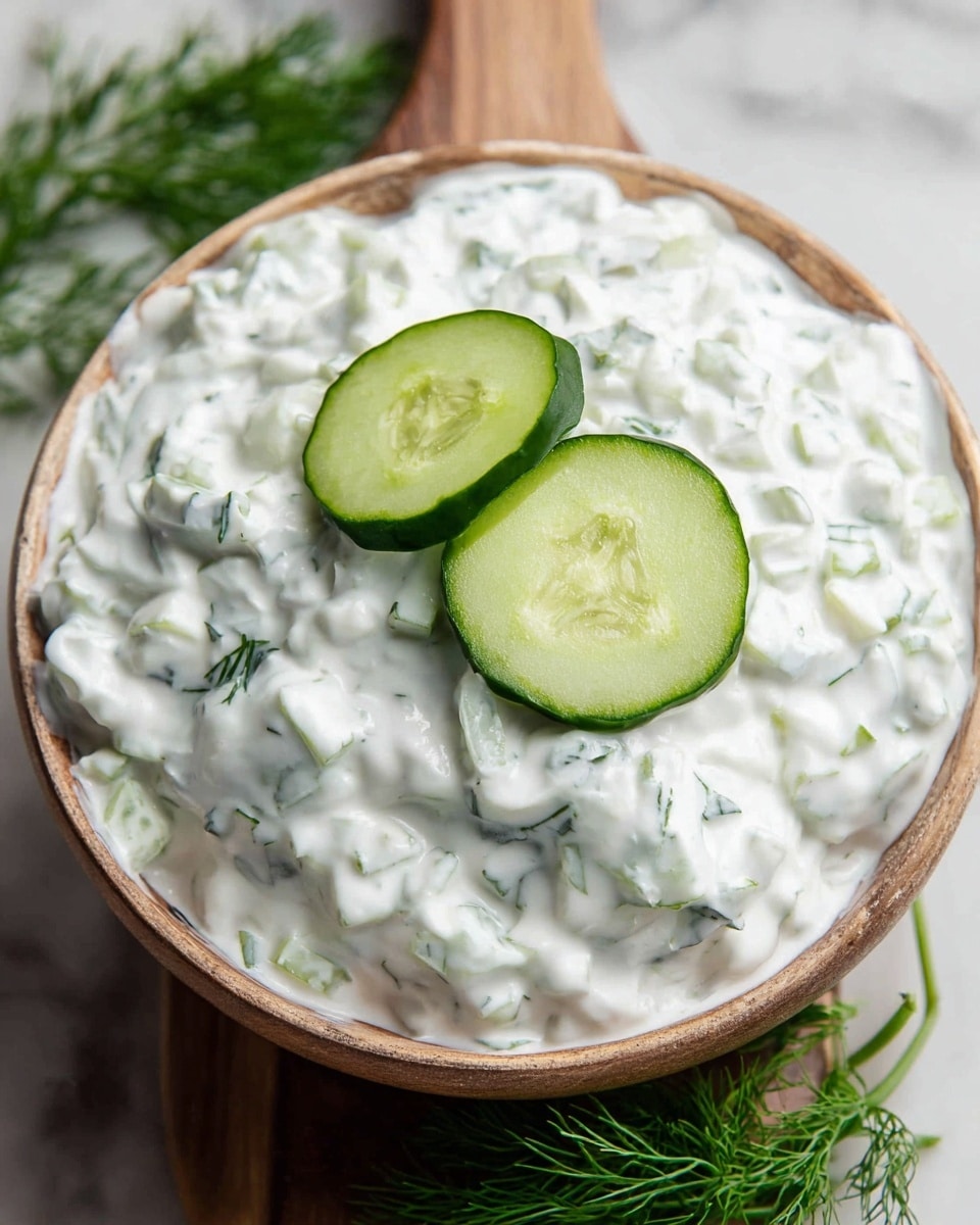 A wooden bowl filled with thick, creamy white yogurt mixed with small green cucumber pieces and herbs, giving it a textured look with specks of green throughout; on top are two fresh, thin cucumber slices standing upright, accompanied by a small cluster of bright green dill sprigs. The bowl sits on a wooden surface with fresh dill scattered around. photo taken with an iphone --ar 4:5 --v 7