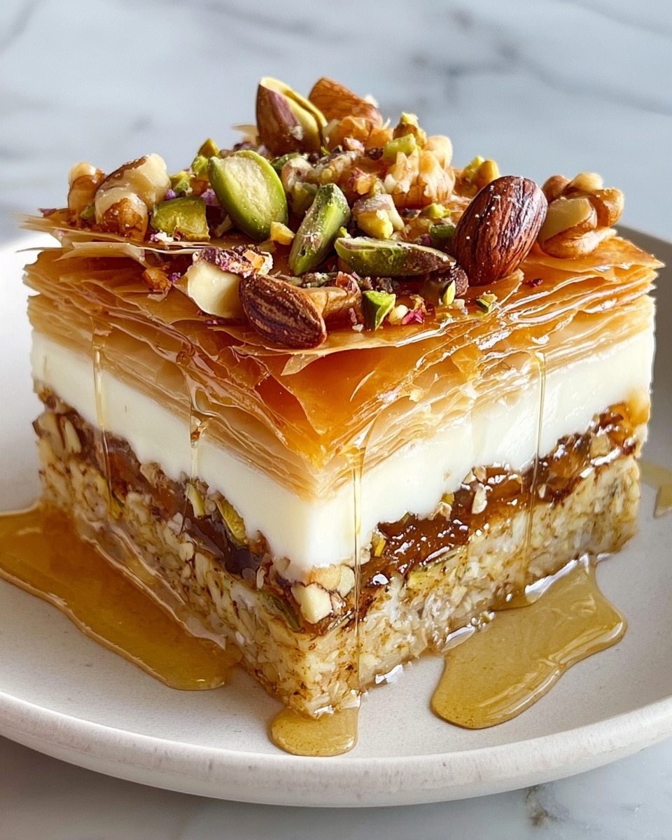 A close-up of a square dessert with five visible layers, placed on a white plate over a white marbled surface. The bottom layer is a dense, golden-brown base with nut pieces inside. Above that is a thin caramel-colored layer with a sticky texture, followed by a thick creamy white layer that looks smooth and soft. Another caramel-colored thin layer sits on top, covered by several thin, crunchy golden-brown pastry sheets. The top layer is decorated with a mix of whole and chopped nuts, including walnuts, almonds, and pistachios, with honey dripping down the sides and pooling on the plate. Photo taken with an iphone --ar 4:5 --v 7